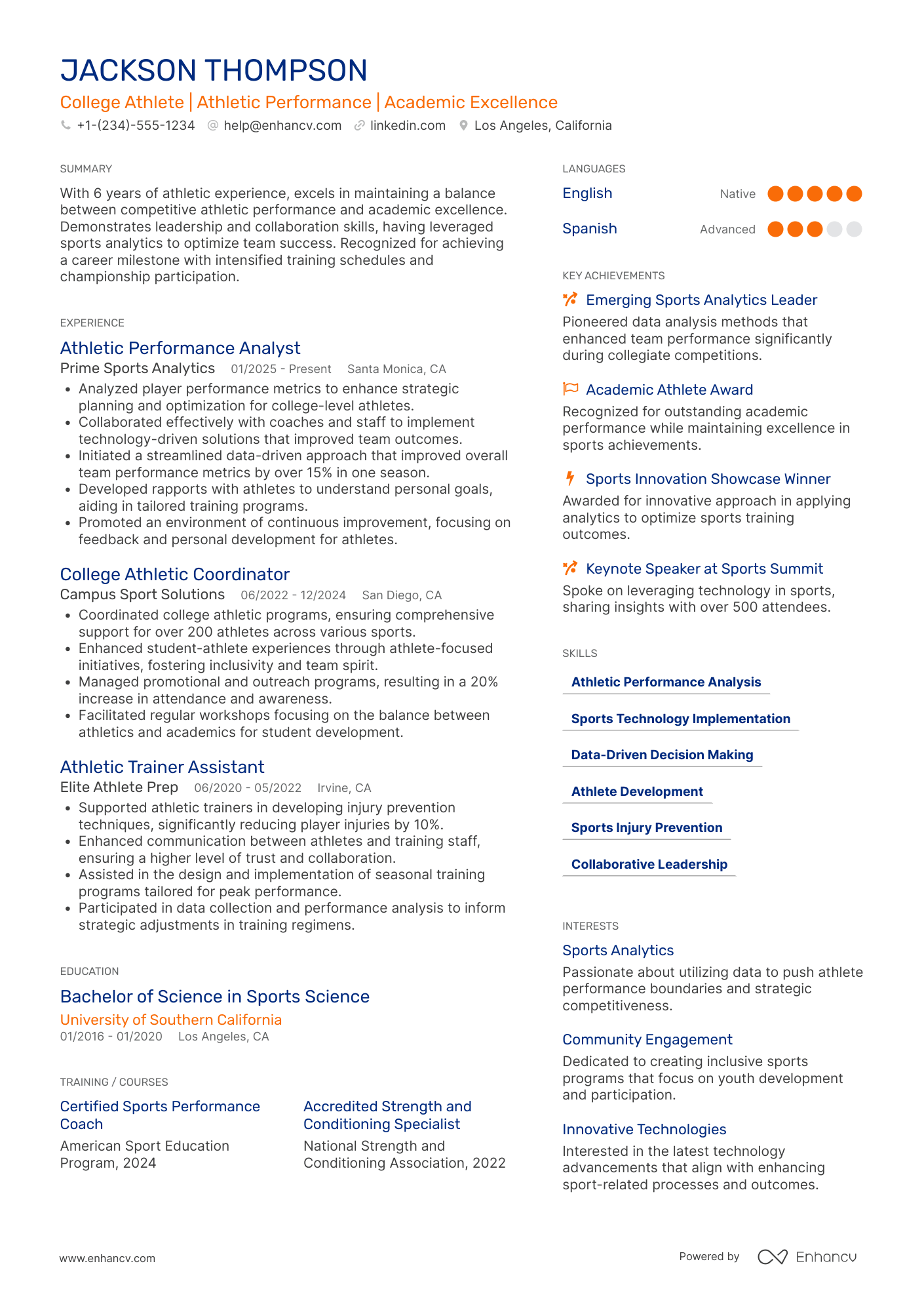 A resume example of a College Athlete