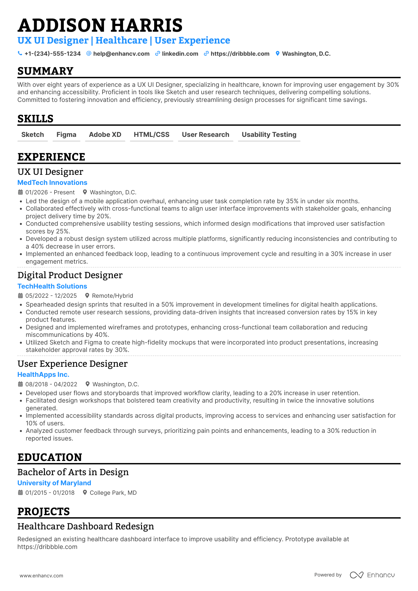 A resume example of a Mid Level UX UI Designer