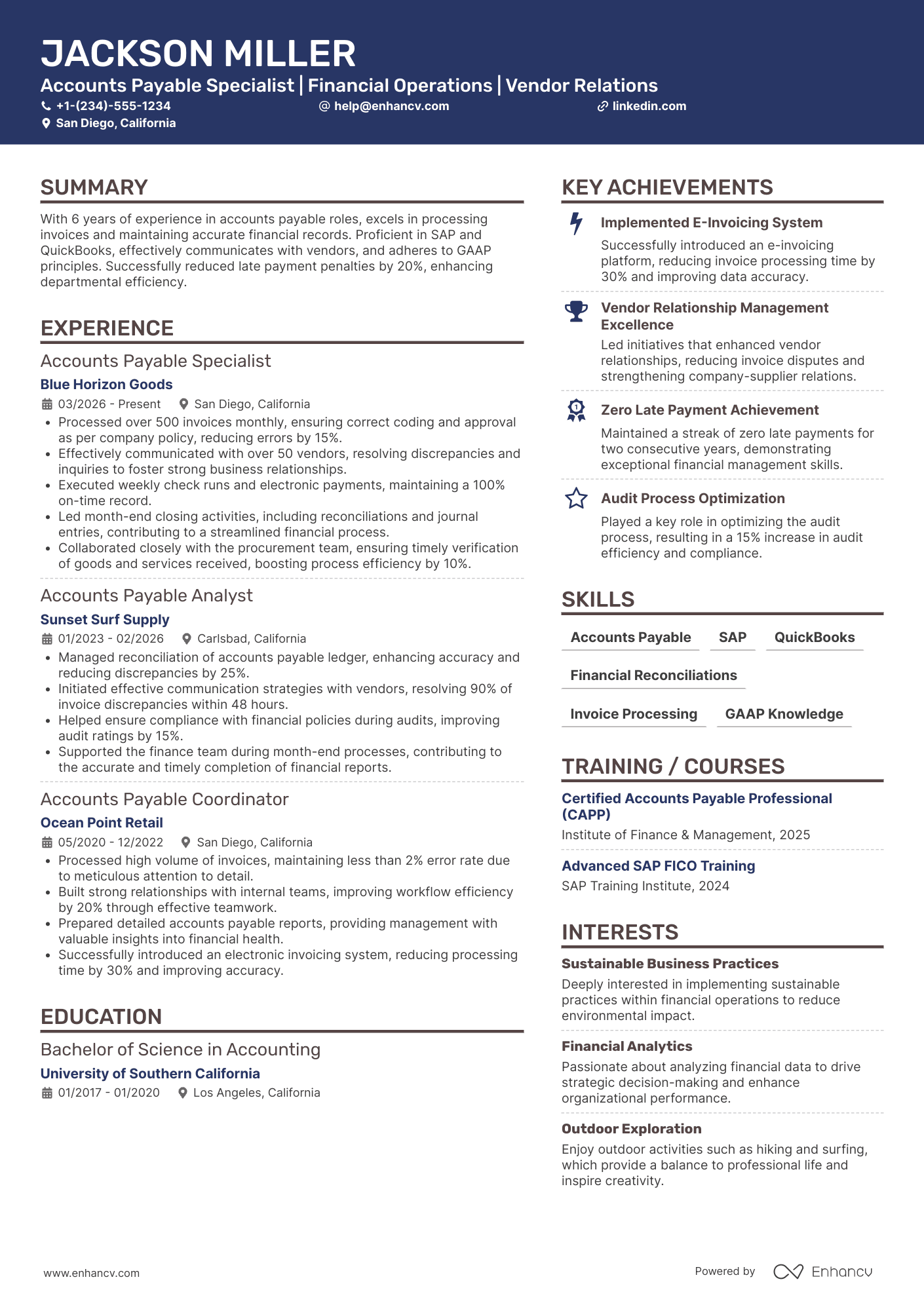 A resume example of a Accounts Payable Specialist