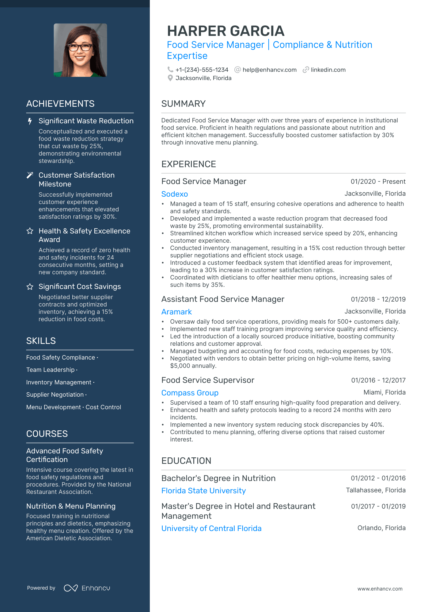 food service manager resume summary