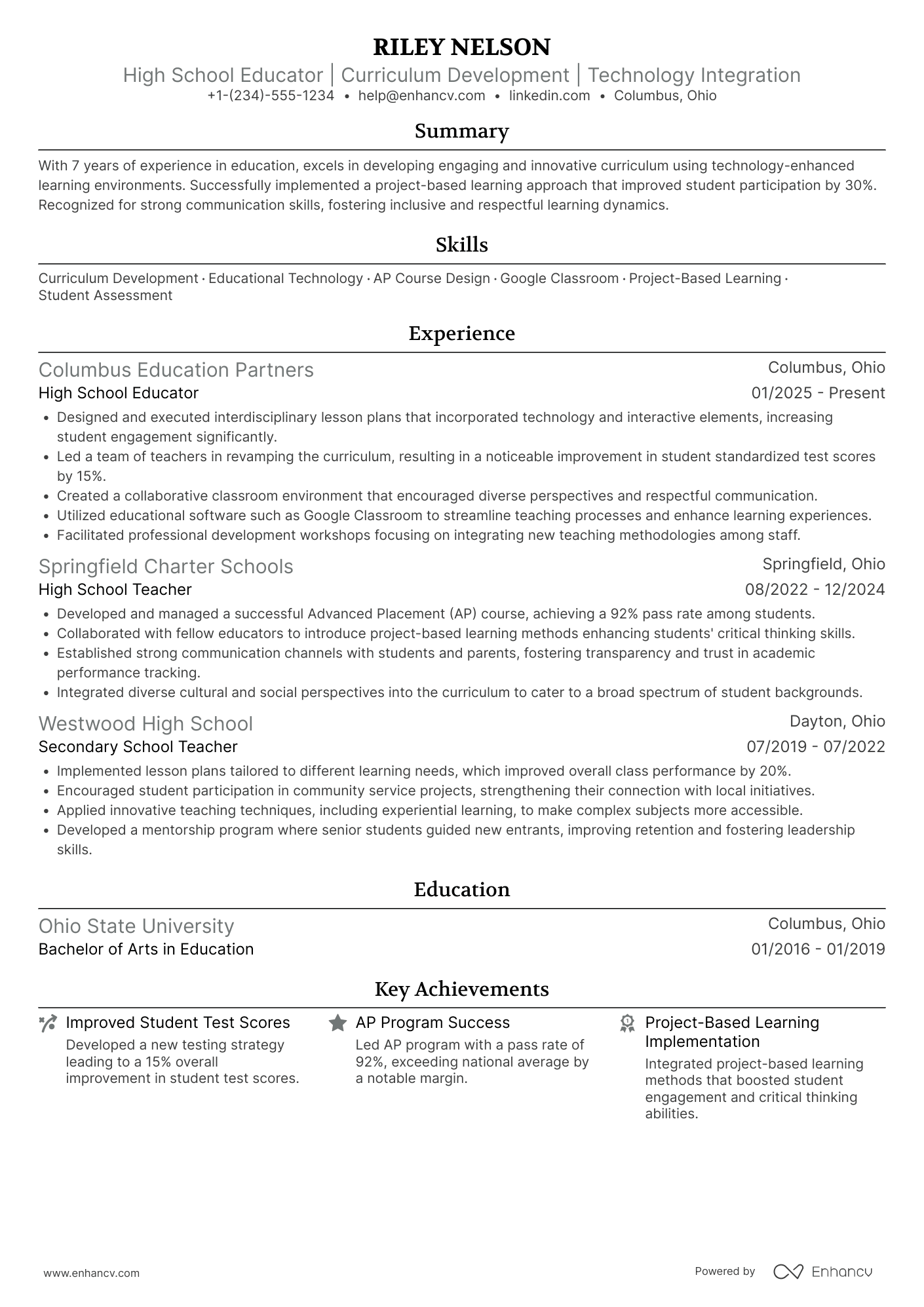A resume example of a High School Teacher
