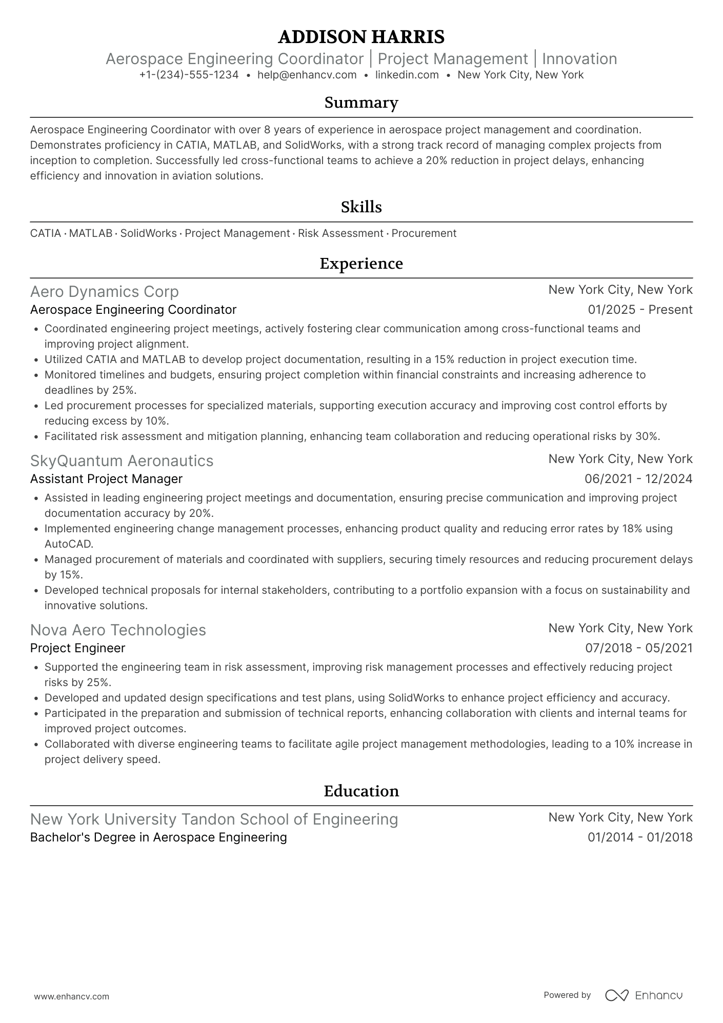 A resume example of a Aerospace Engineering Coordinator