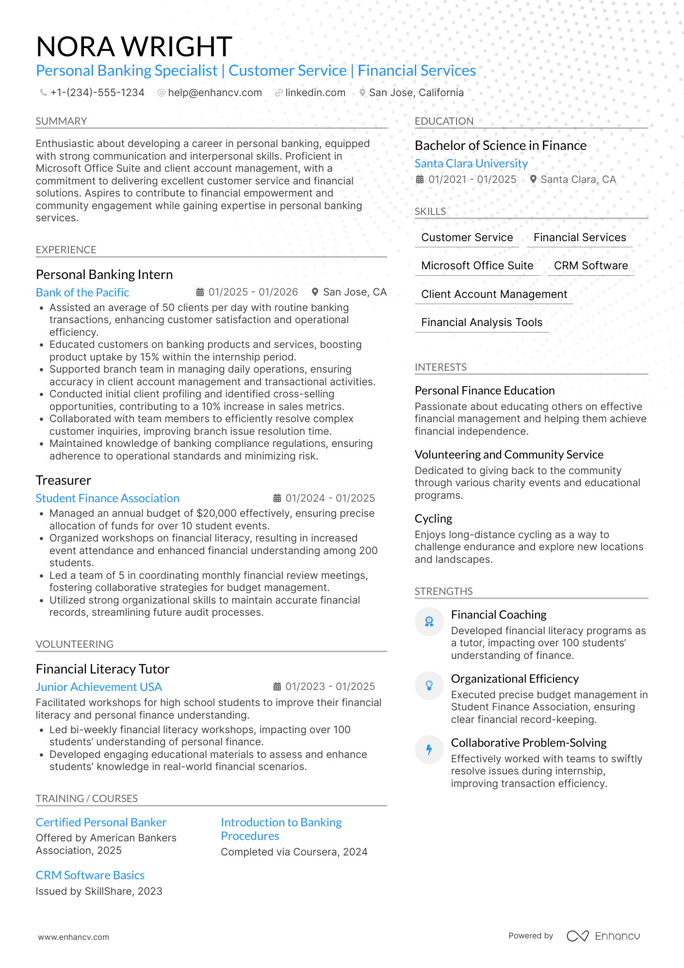 A resume example of a Personal Banking Trainee