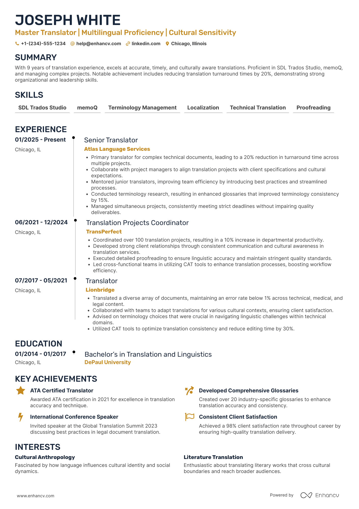 A resume example of a Master Translator