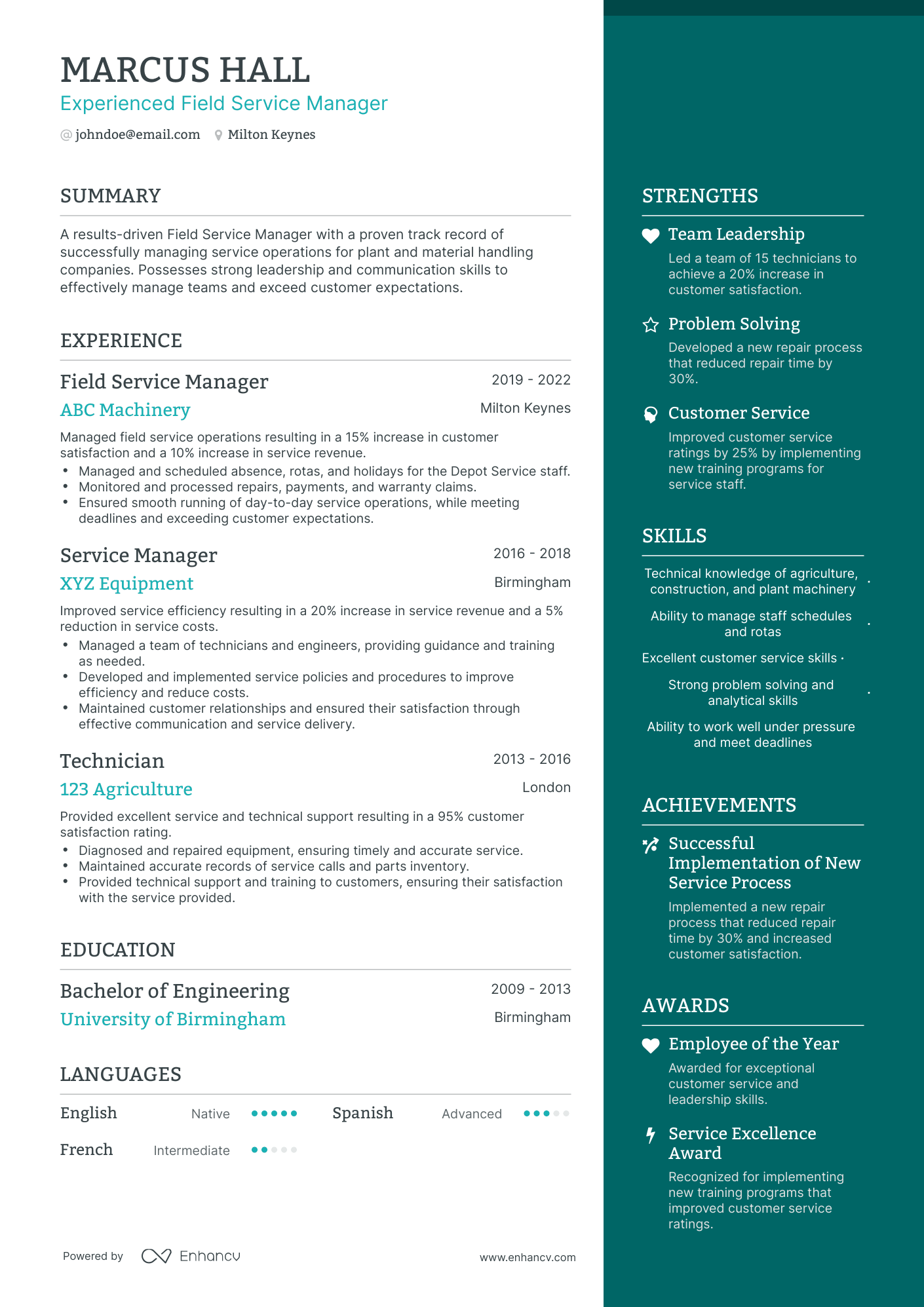 One Page Field Service Manager Resume Template