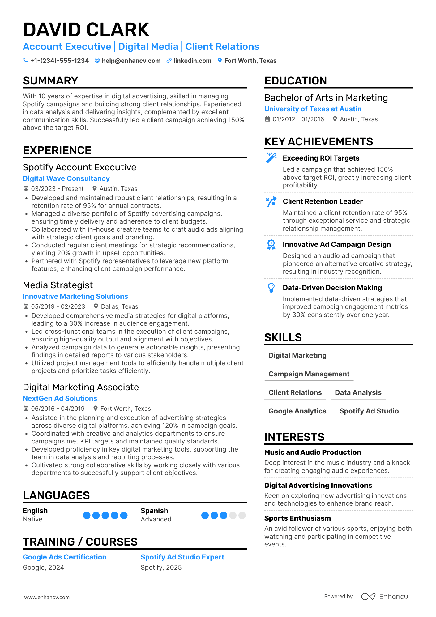 A resume example of a Spotify Account Executive