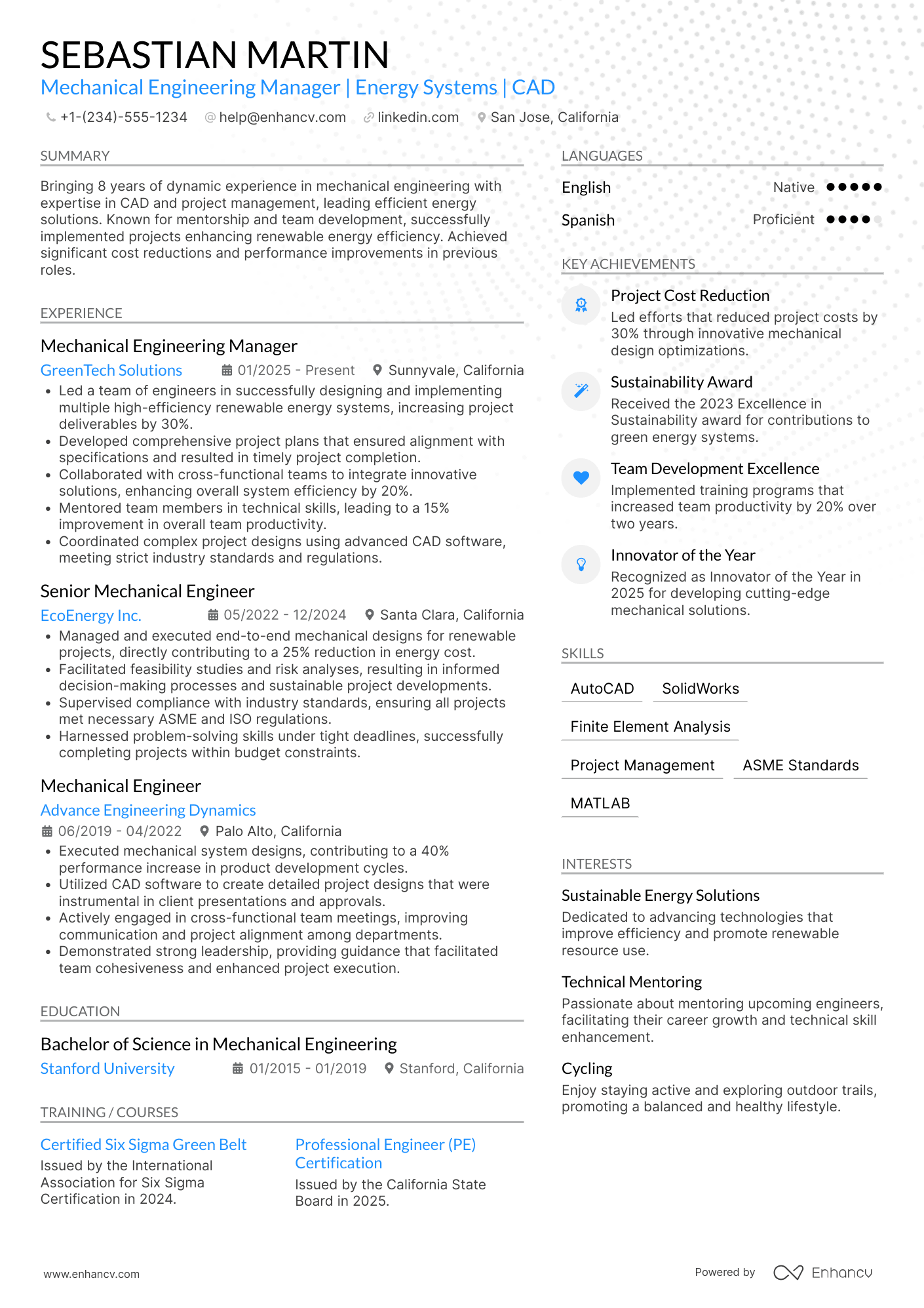 A resume example of a Mechanical Engineering Manager