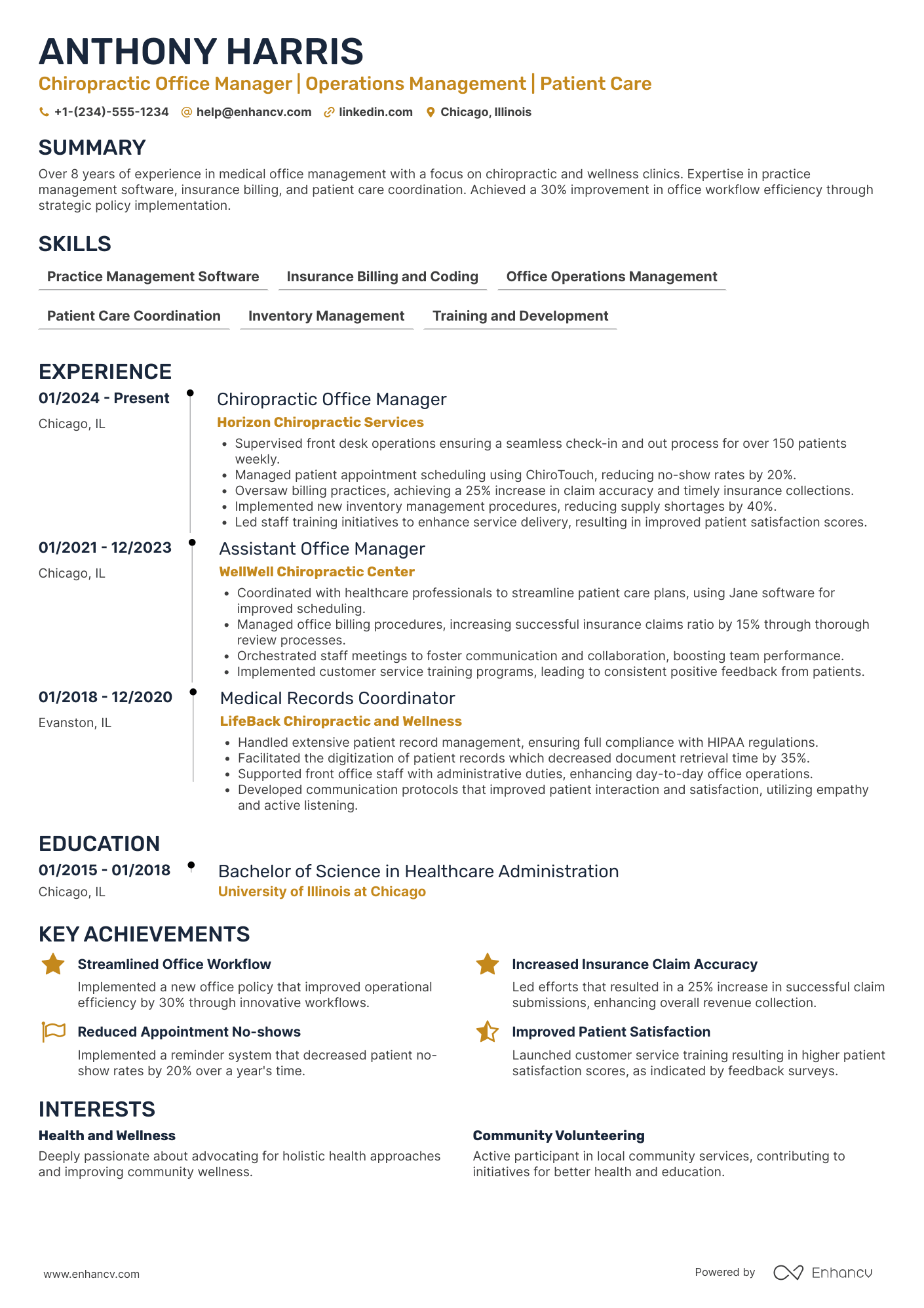 A resume example of a Chiropractic Office Manager