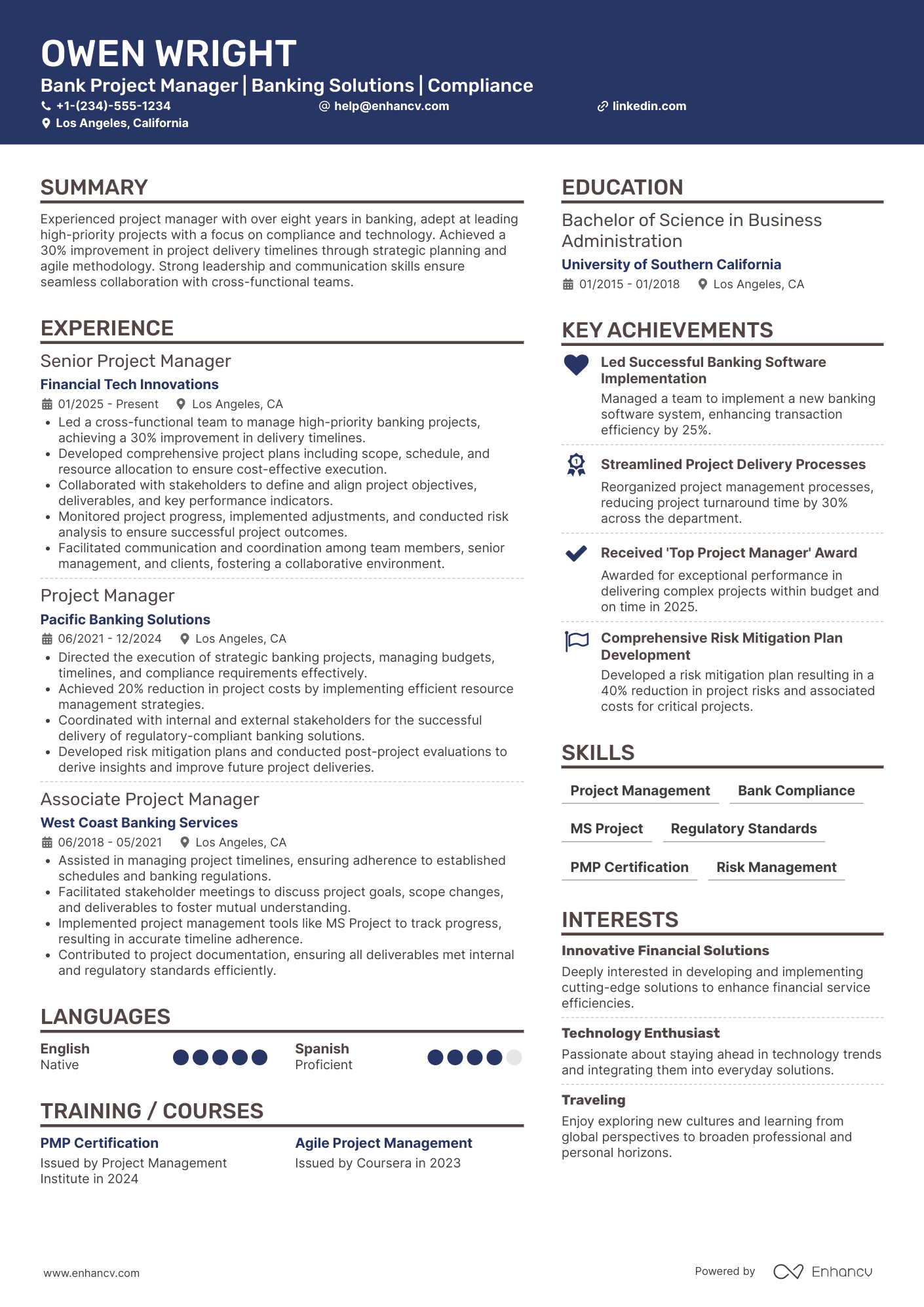 A resume example of a Bank Project Manager