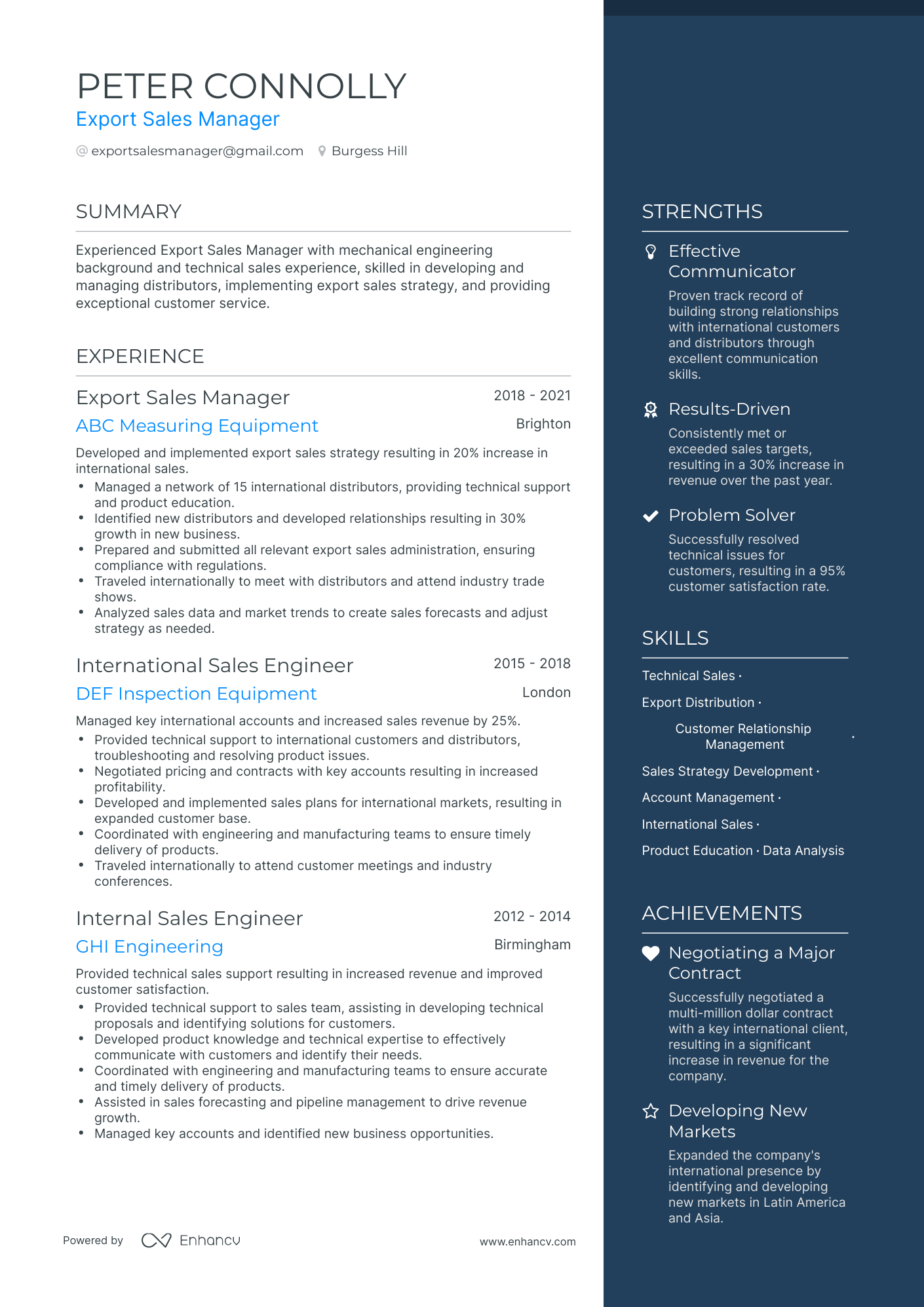 One Page Export Manager Resume Template