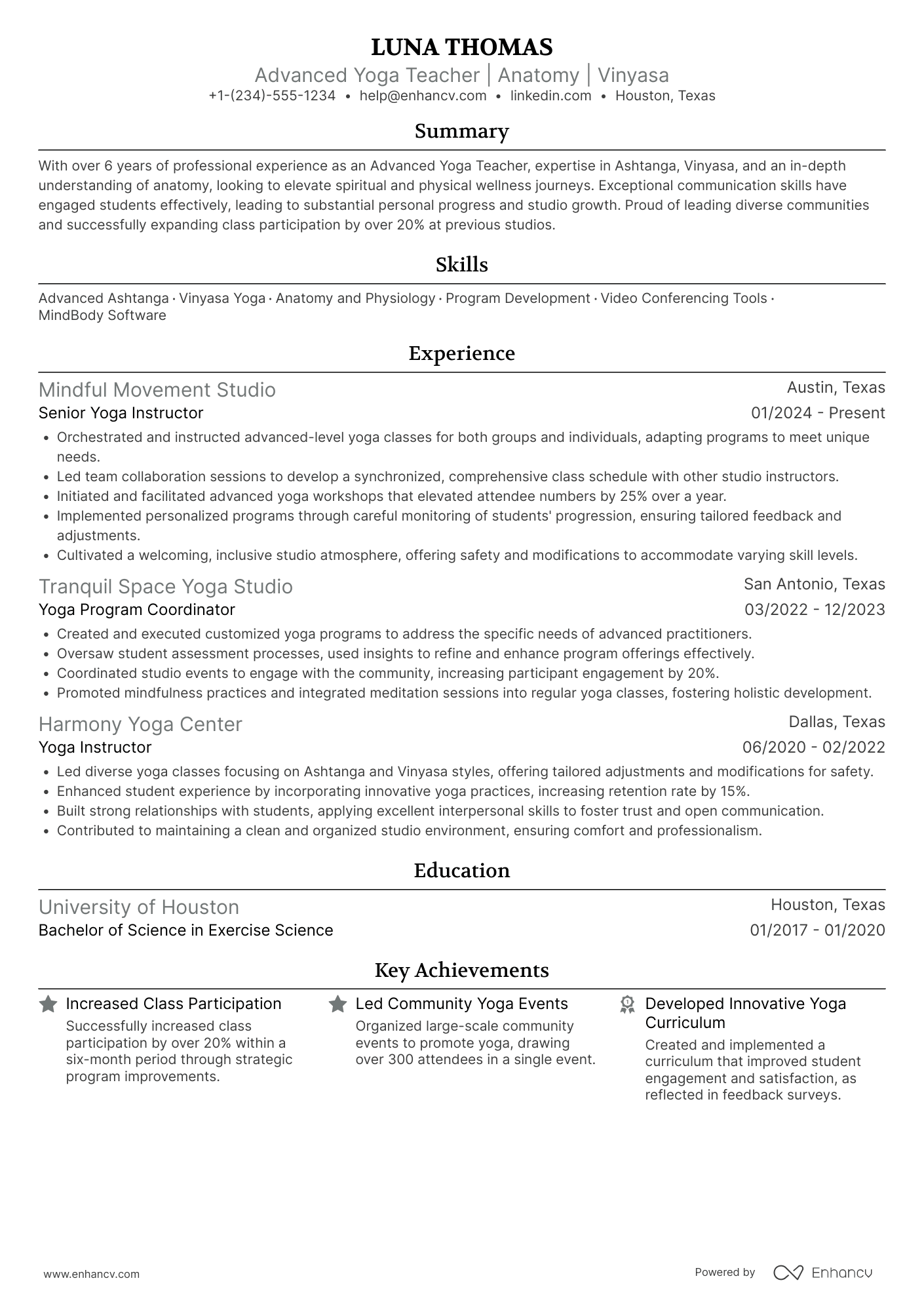 A resume example of a Advanced Yoga Teacher