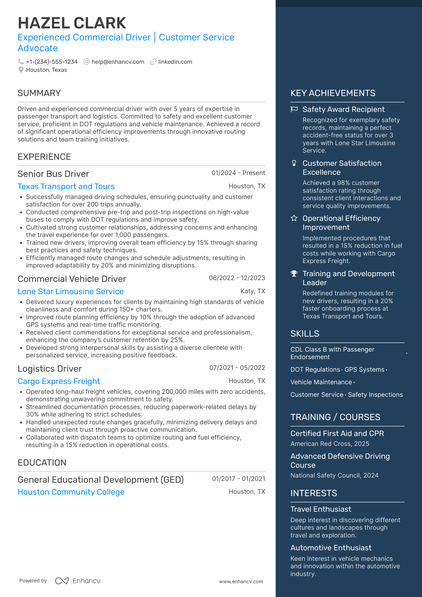 A resume example of a Motor Coach Driver