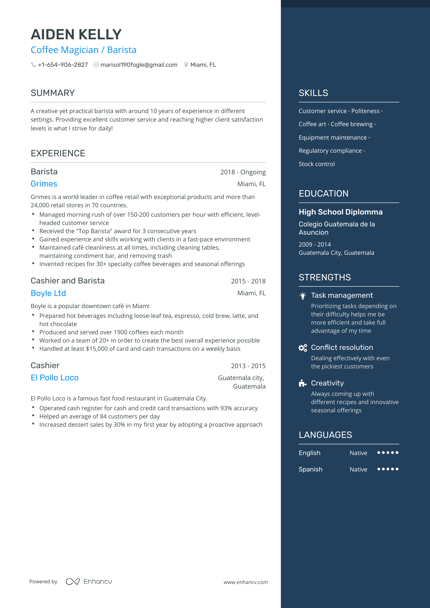 One Page Barista Resume Template