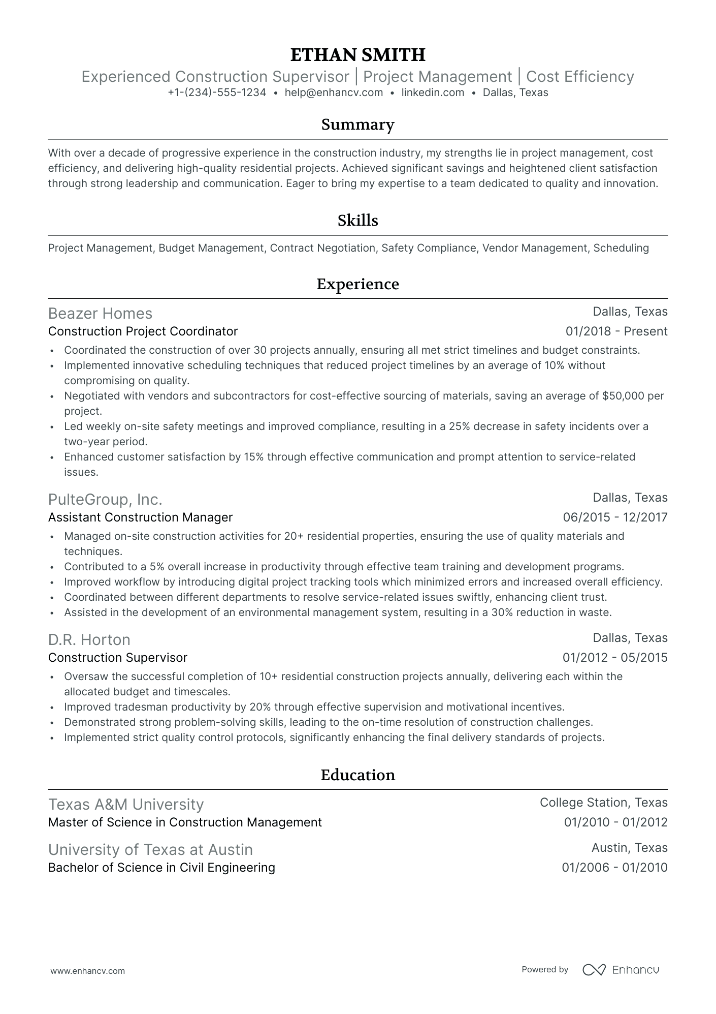 project construction management resume