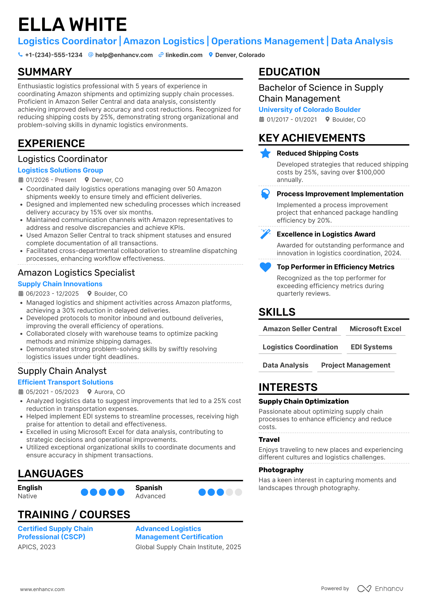 A resume example of a Amazon Logistics Coordinator