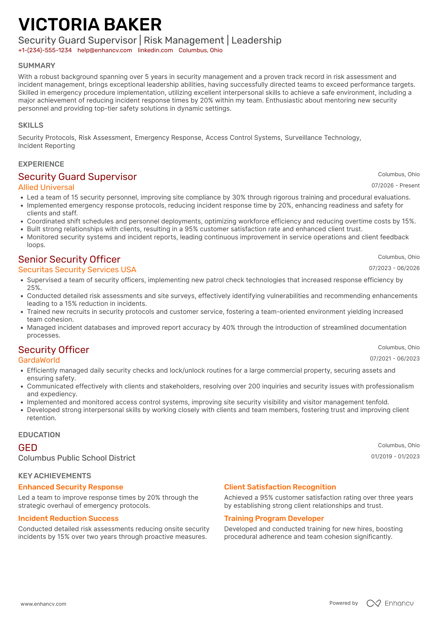 A resume example of a Security Guard Supervisor