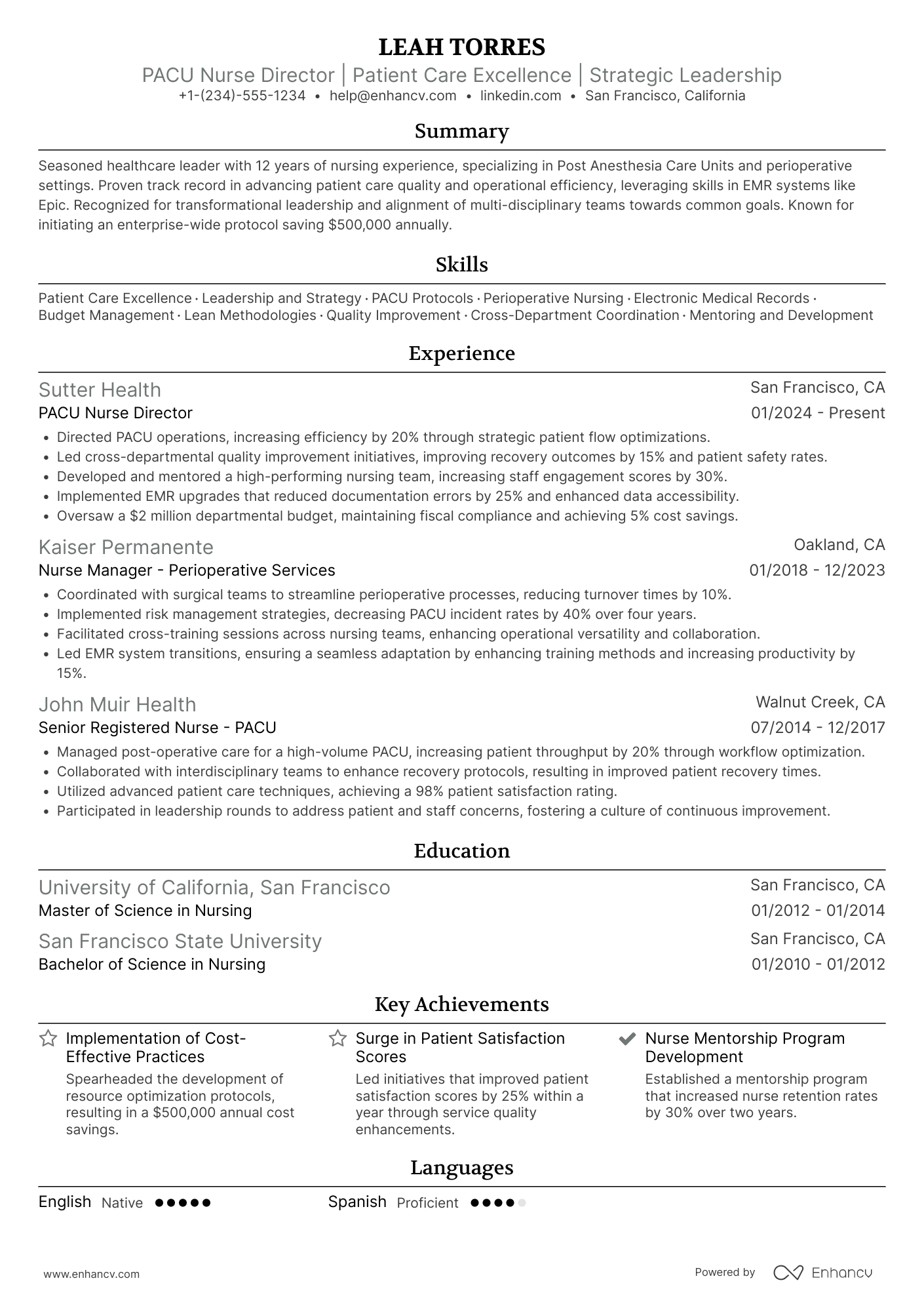 A resume example of a PACU Nurse Director