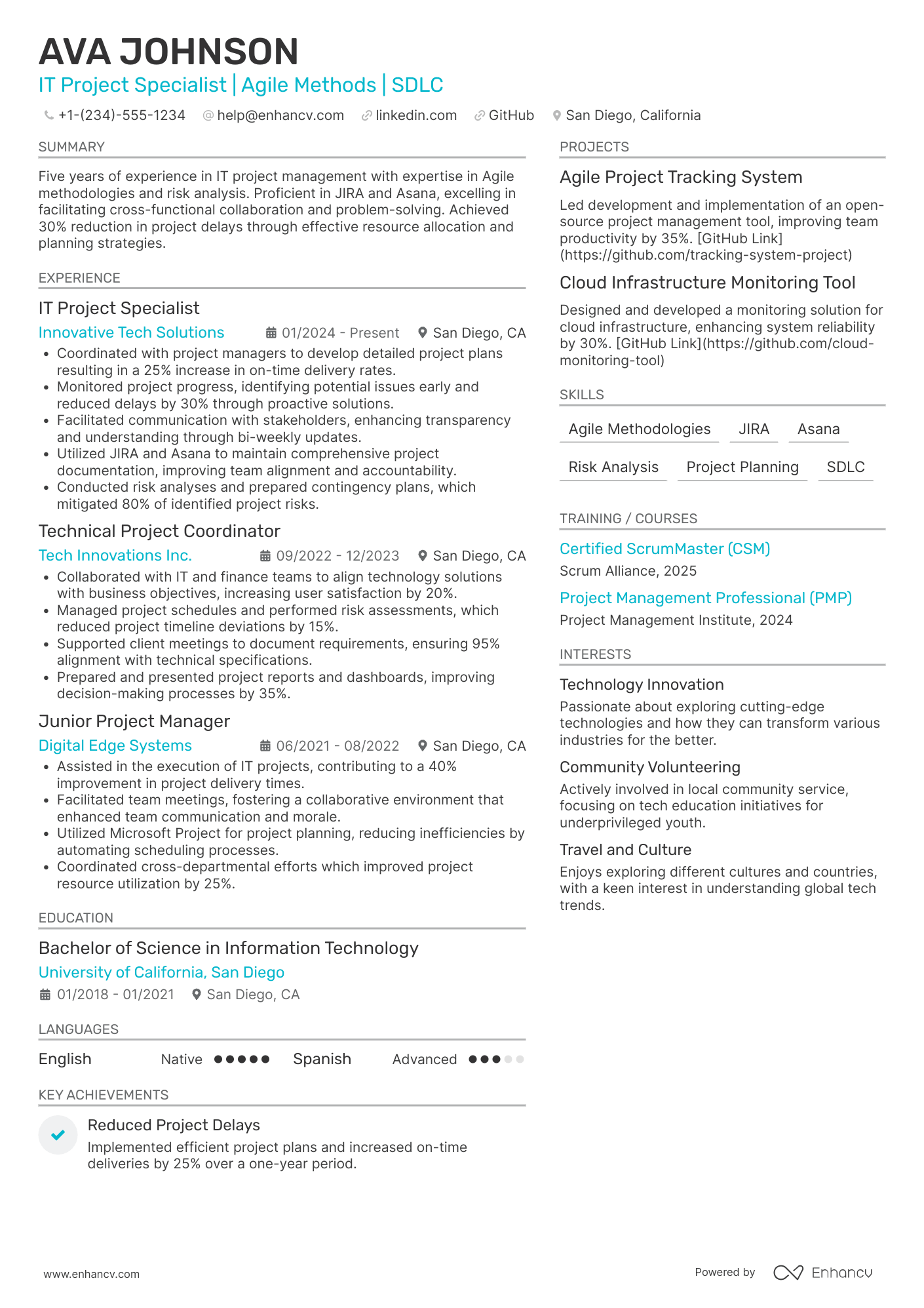 A resume example of a IT Project Specialist