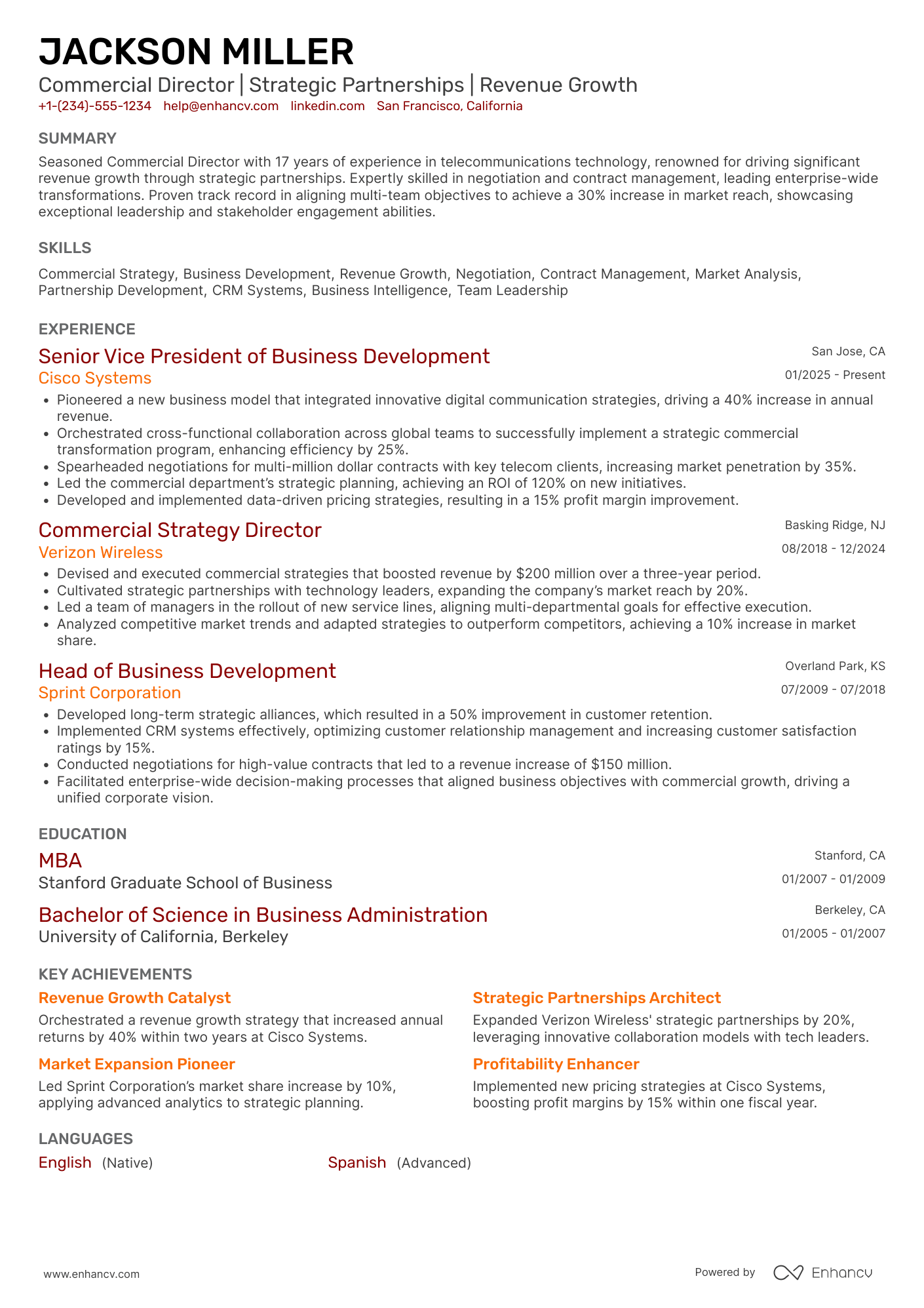 A resume example of a Commercial Director