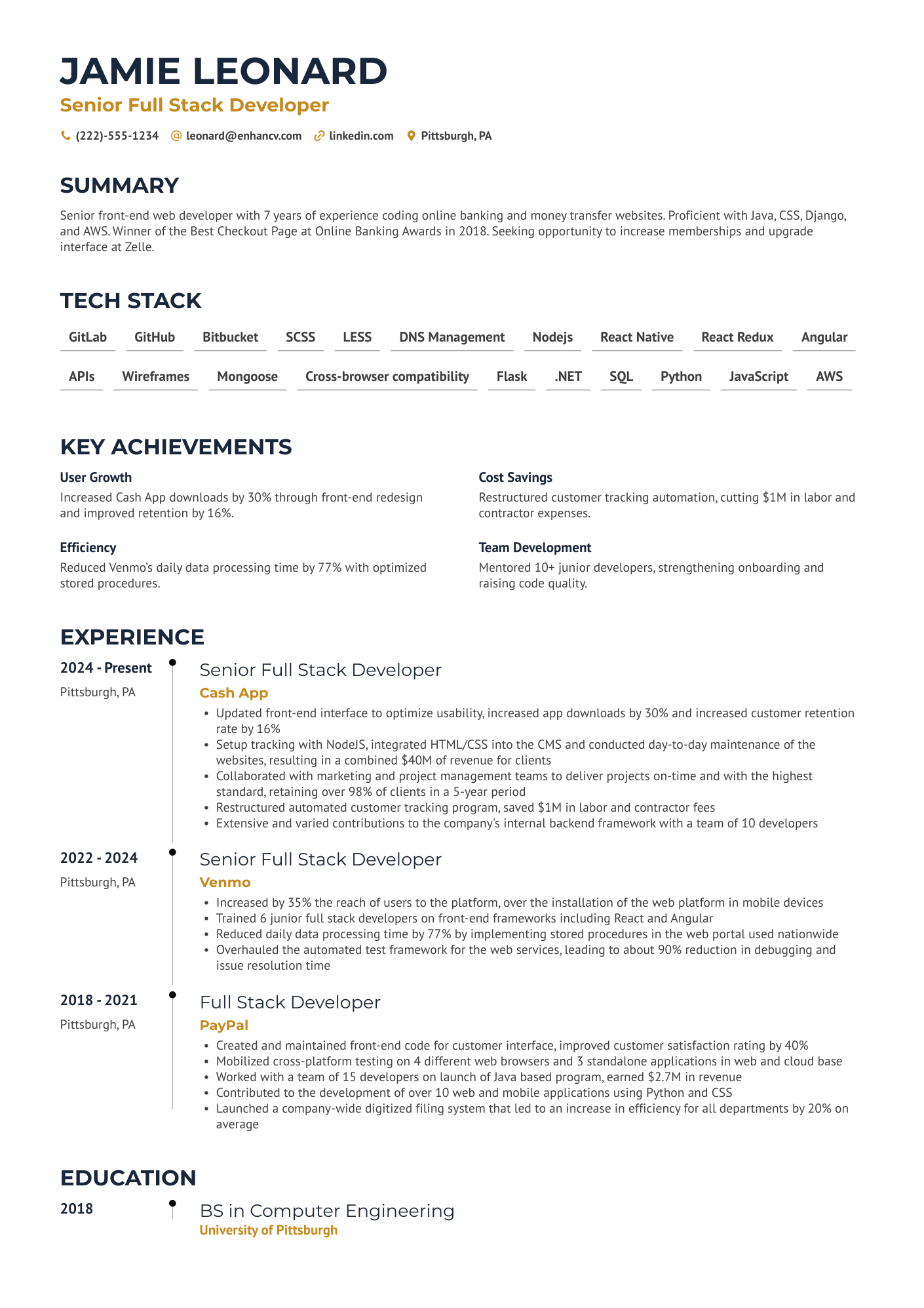 A resume example of a Senior Full Stack Developer