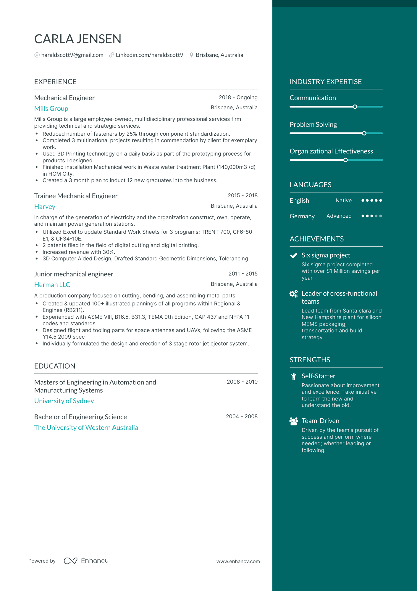 One Page Mechanical Engineer Resume Template