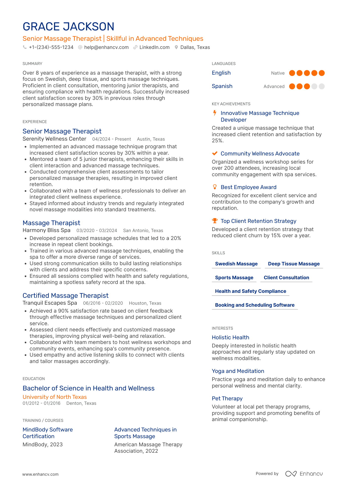 A resume example of a Senior Massage Therapist