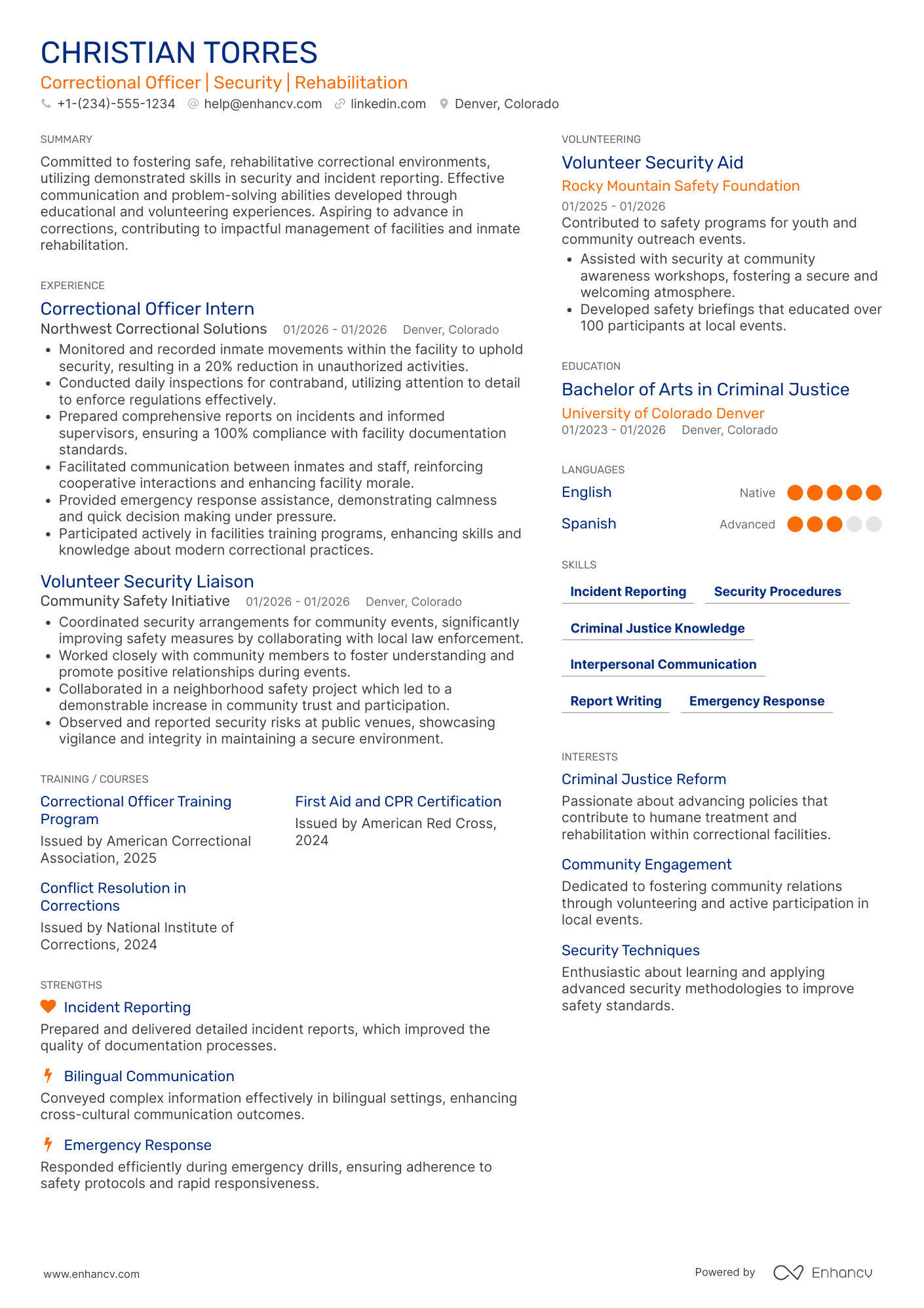A resume example of a Entry Level Correctional Officer