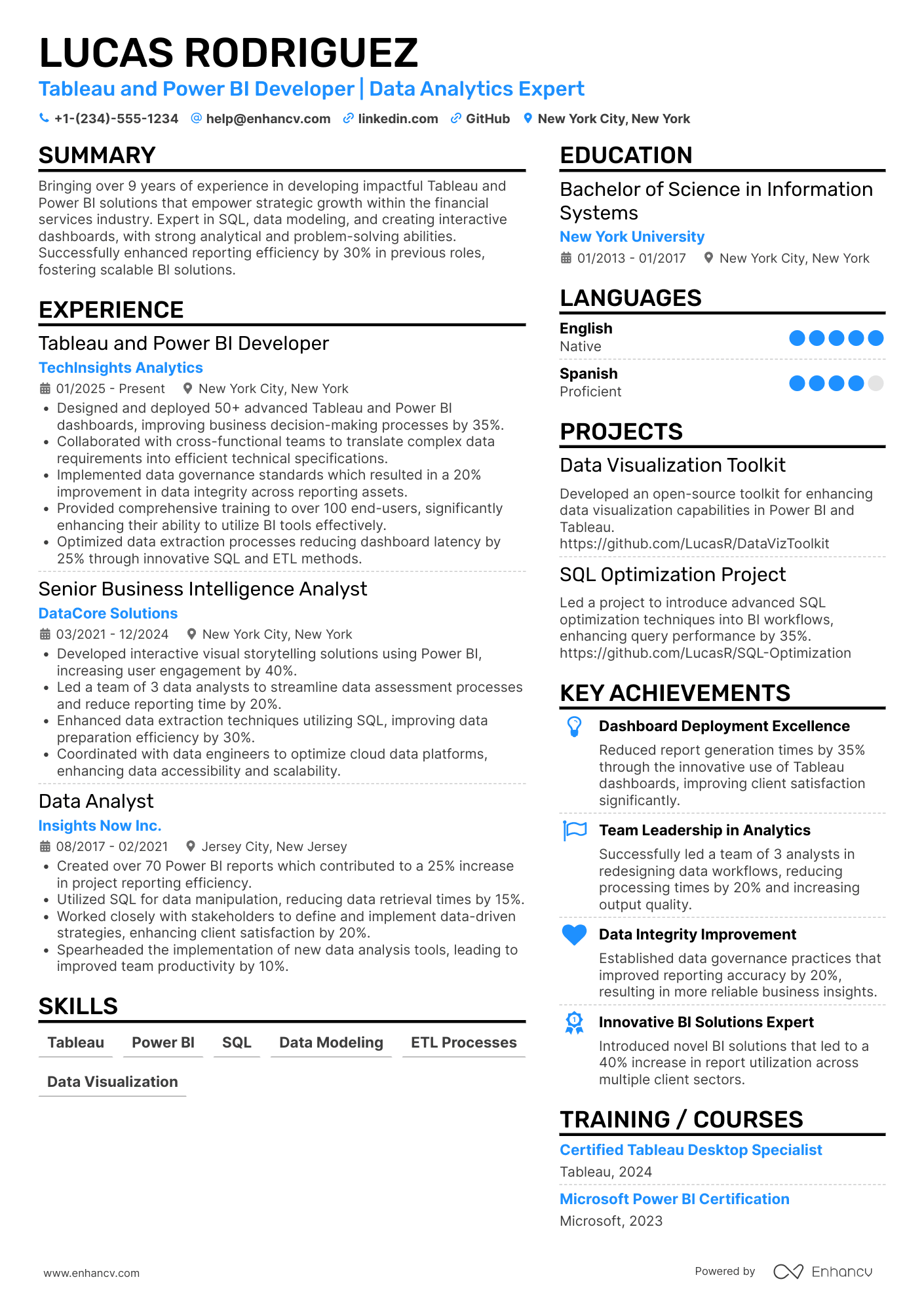 A resume example of a Tableau And Power BI Developer