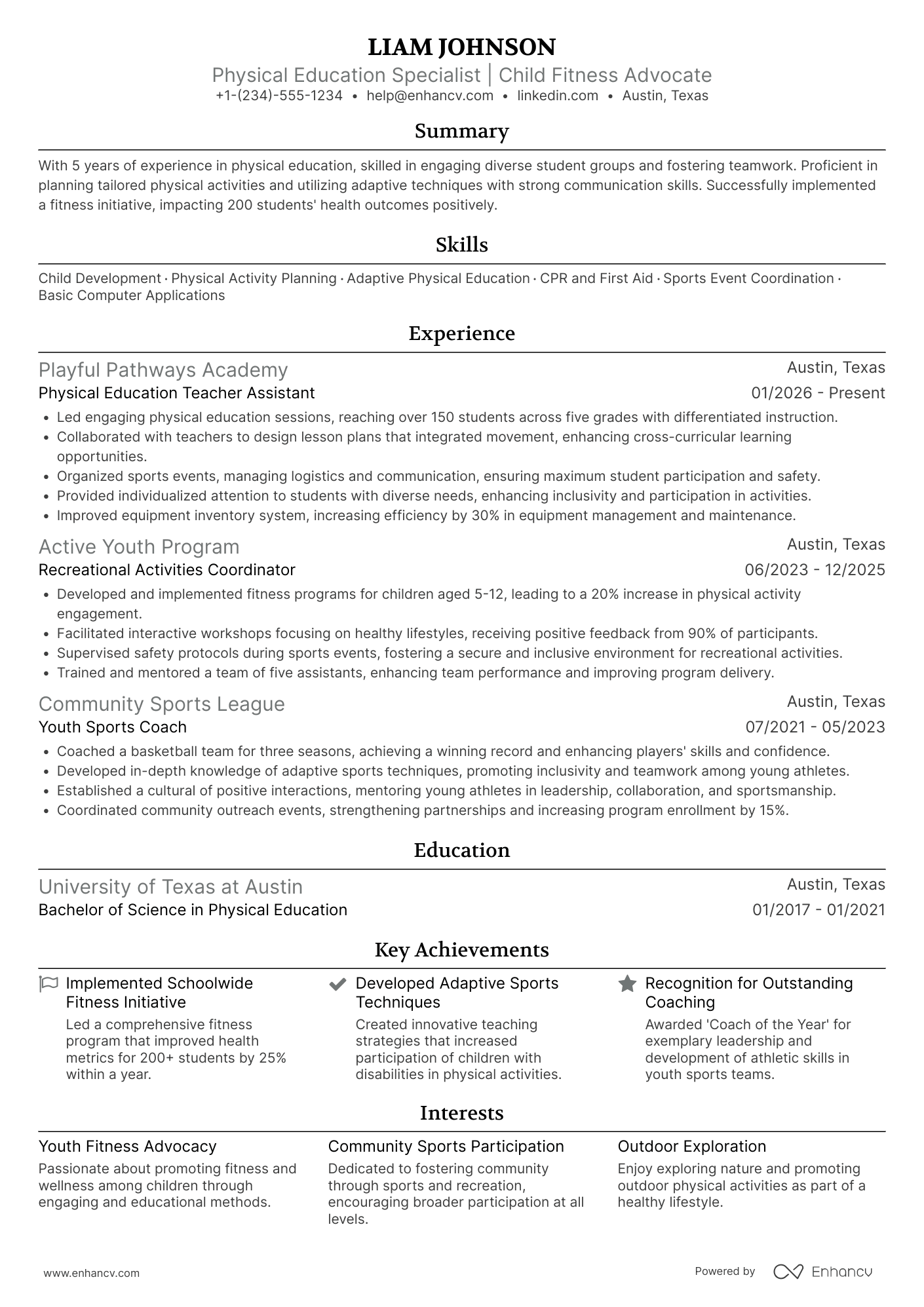 A resume example of a Physical Education Teacher Assistant