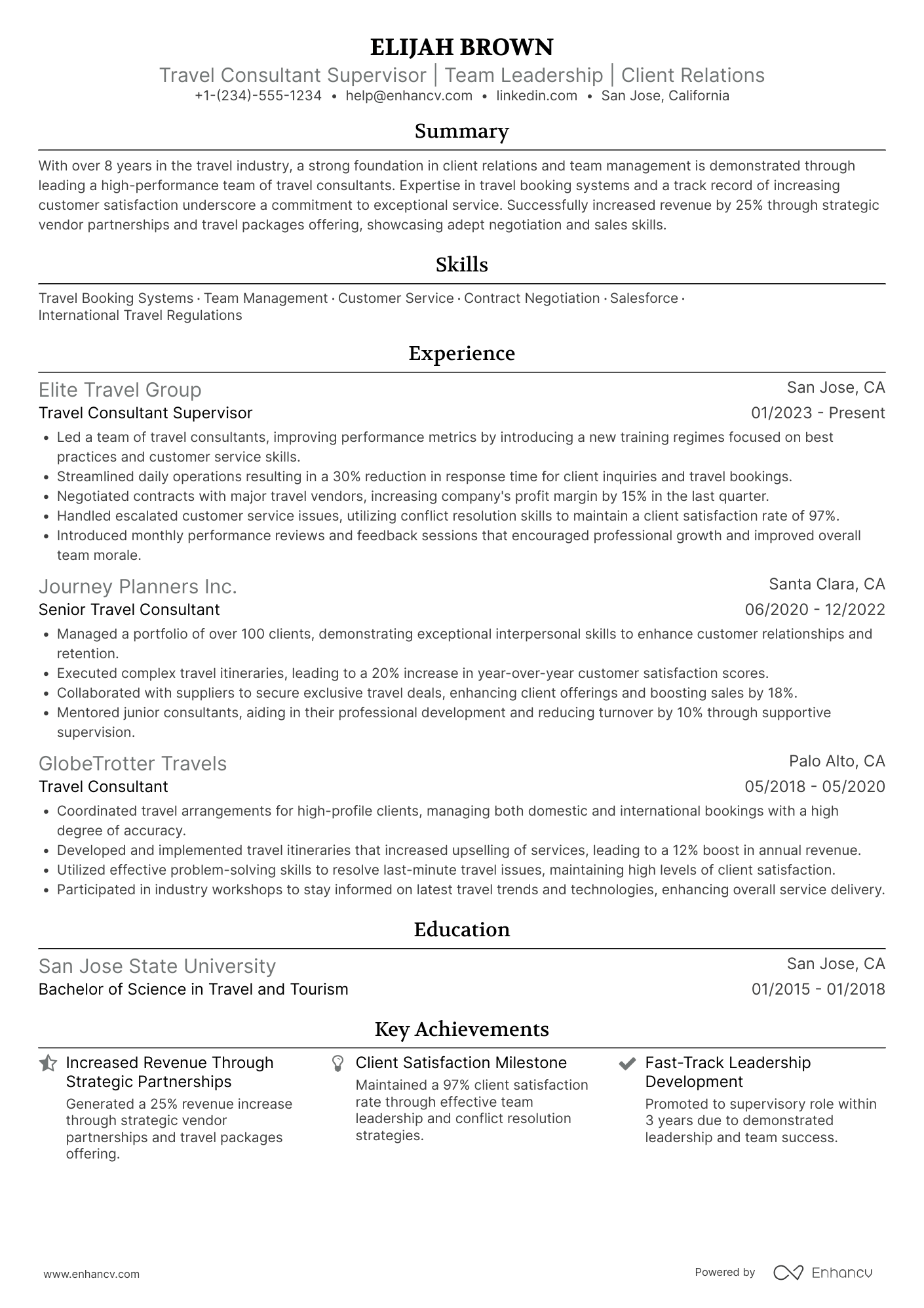A resume example of a Travel Consultant Supervisor