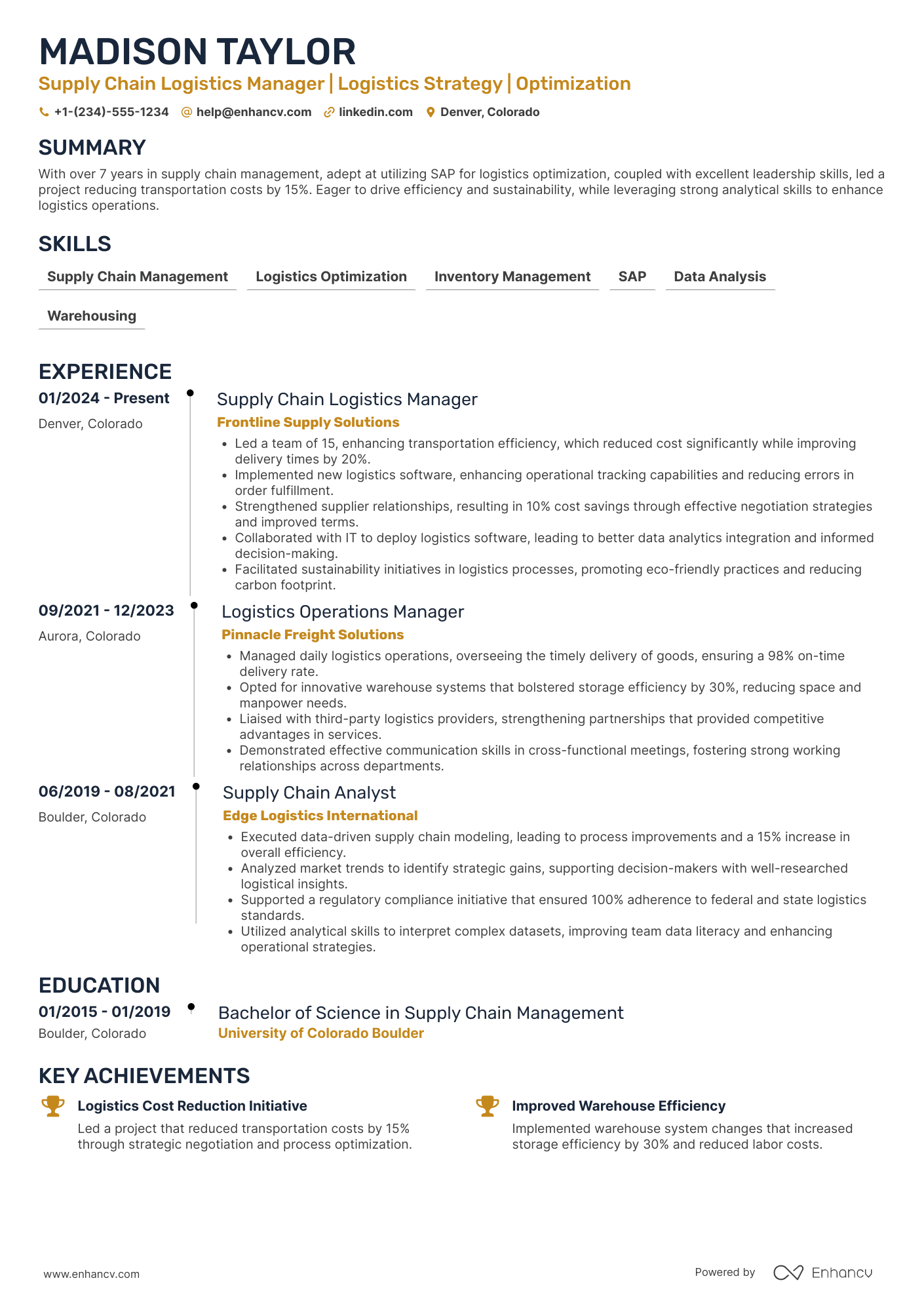 A resume example of a Supply Chain Logistics Manager