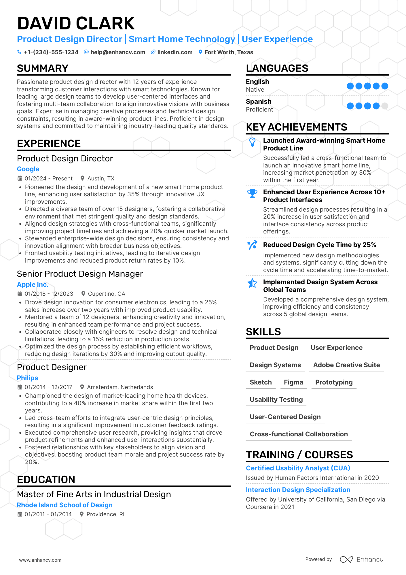 A resume example of a Product Design Director