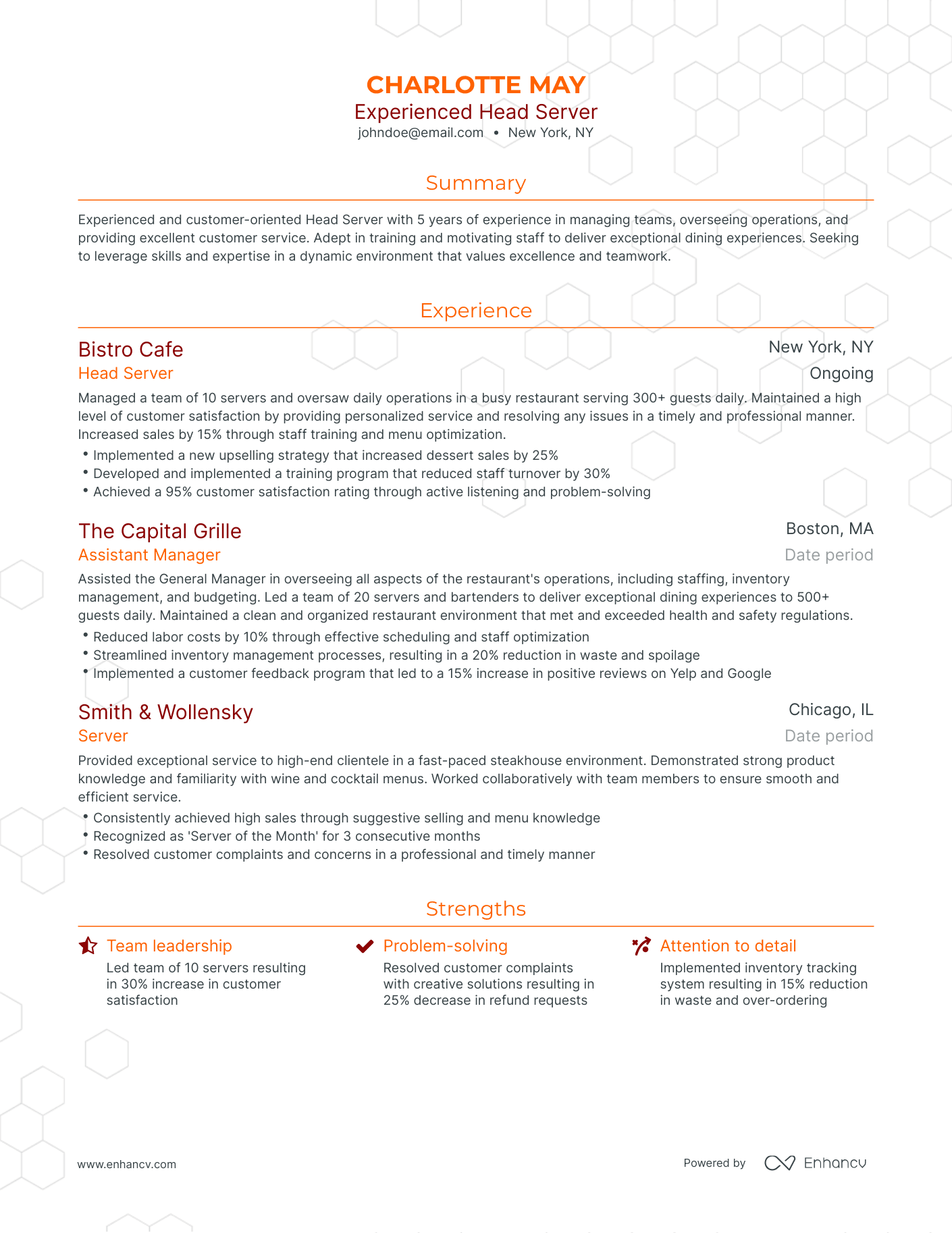 Traditional Head Server Resume Template