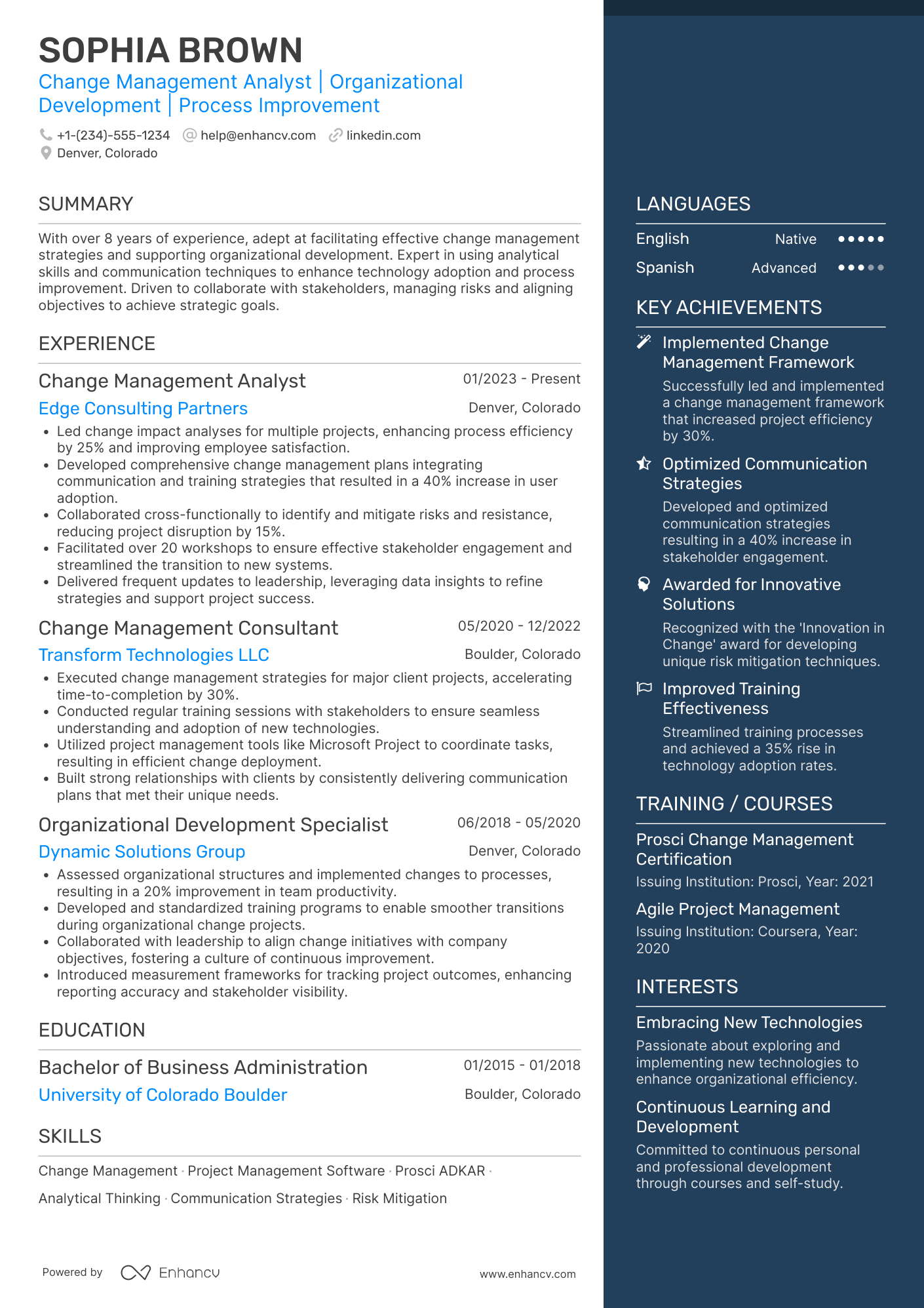 A resume example of a Change Management Analyst