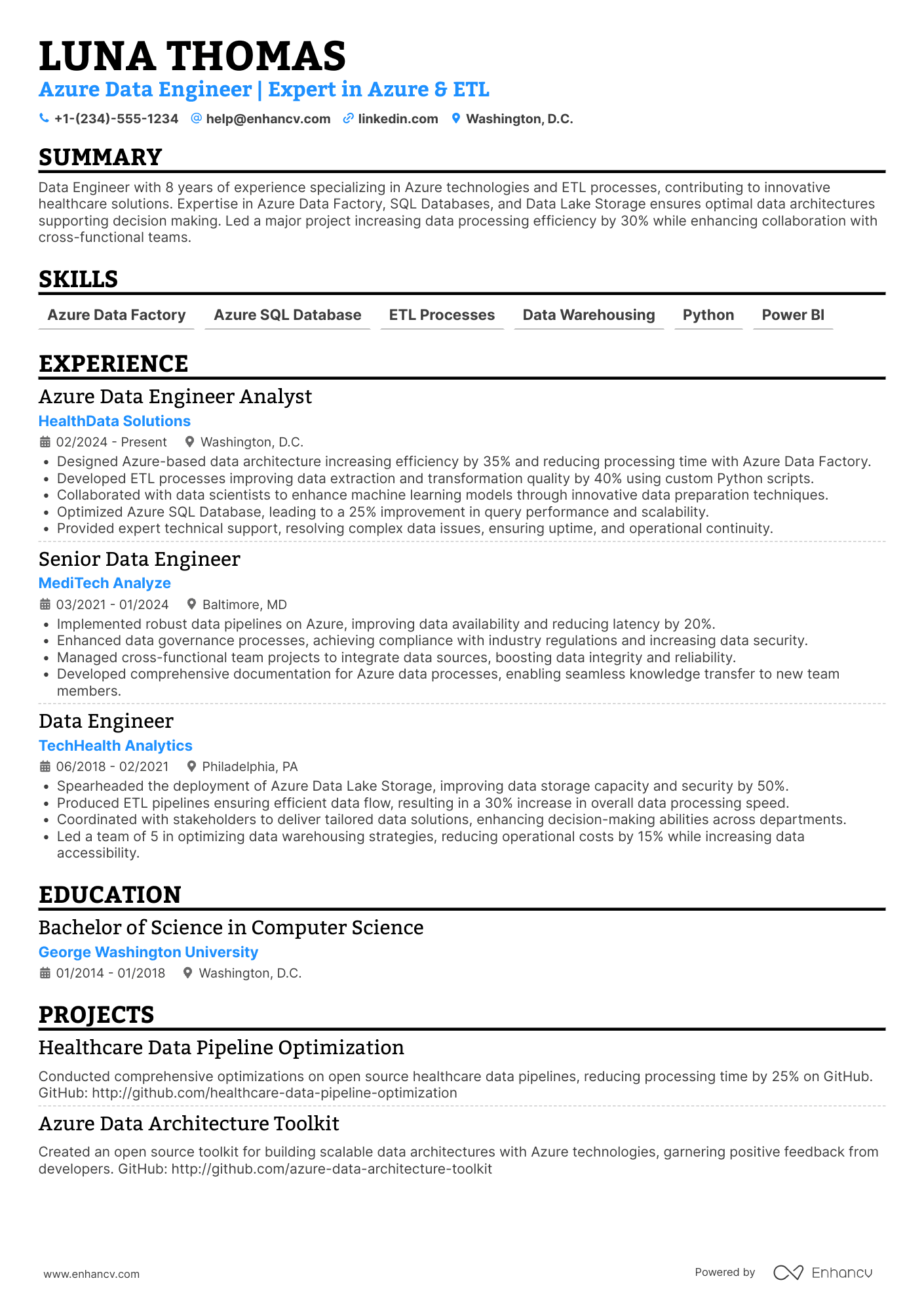 A resume example of a Azure Data Engineer Analyst