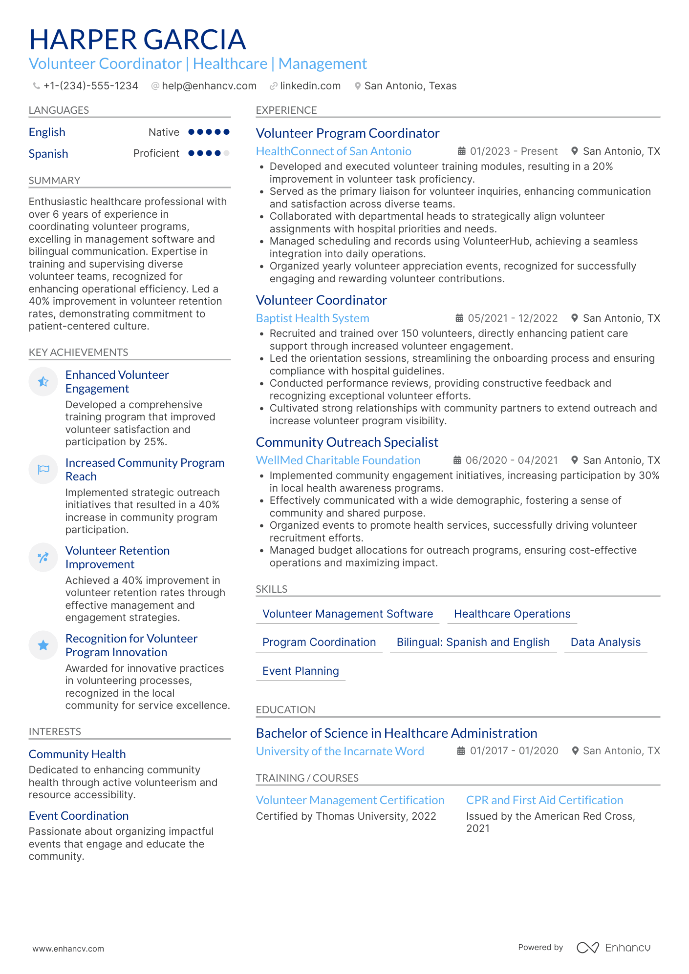 A resume example of a Hospital Volunteer Liaison