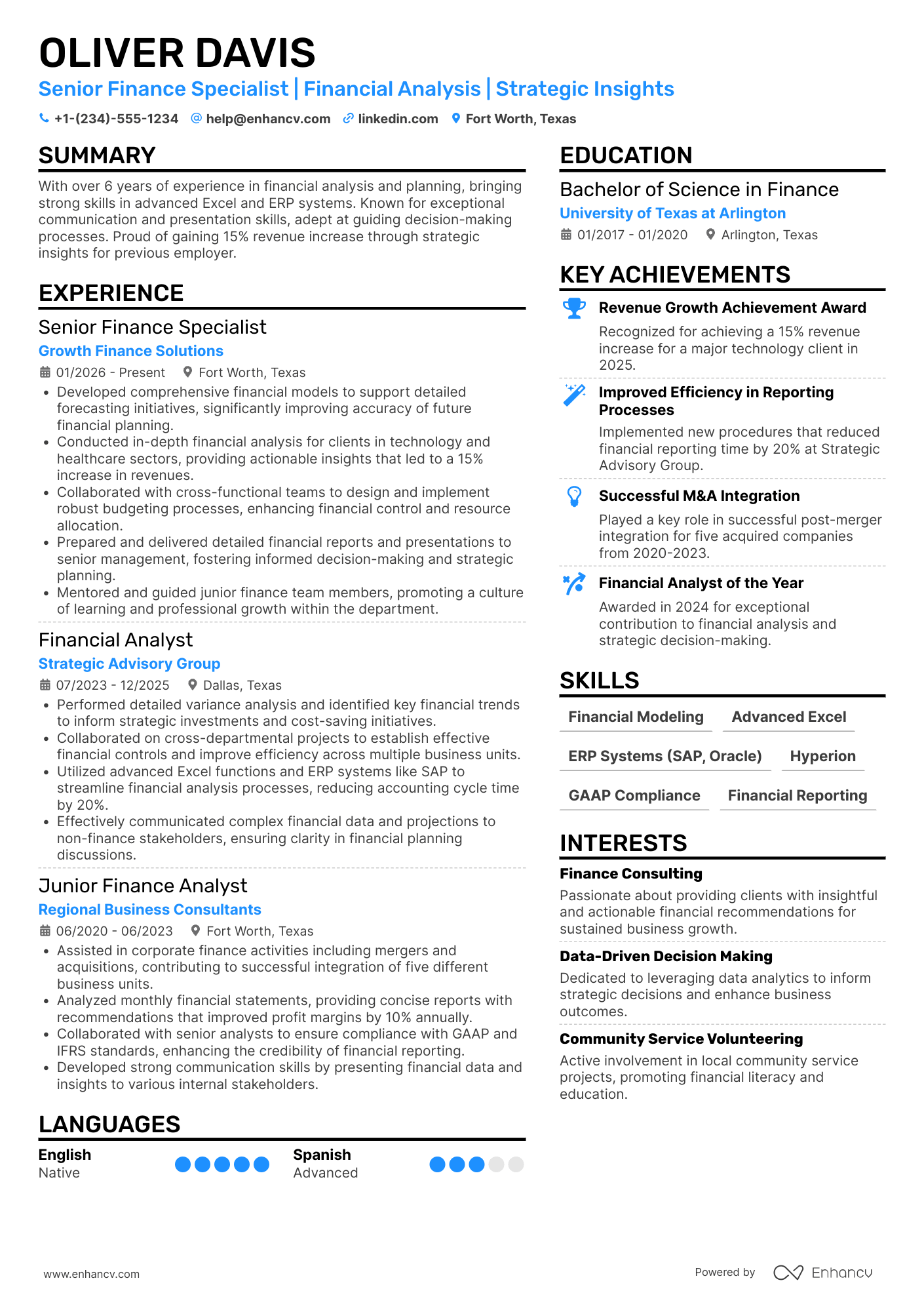 A resume example of a Senior Finance Specialist