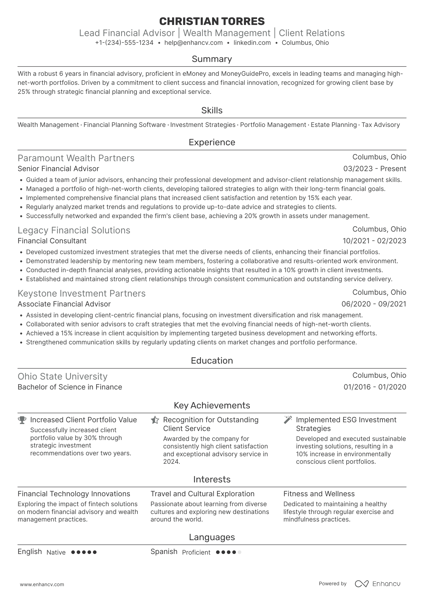 A resume example of a Lead Financial Advisor