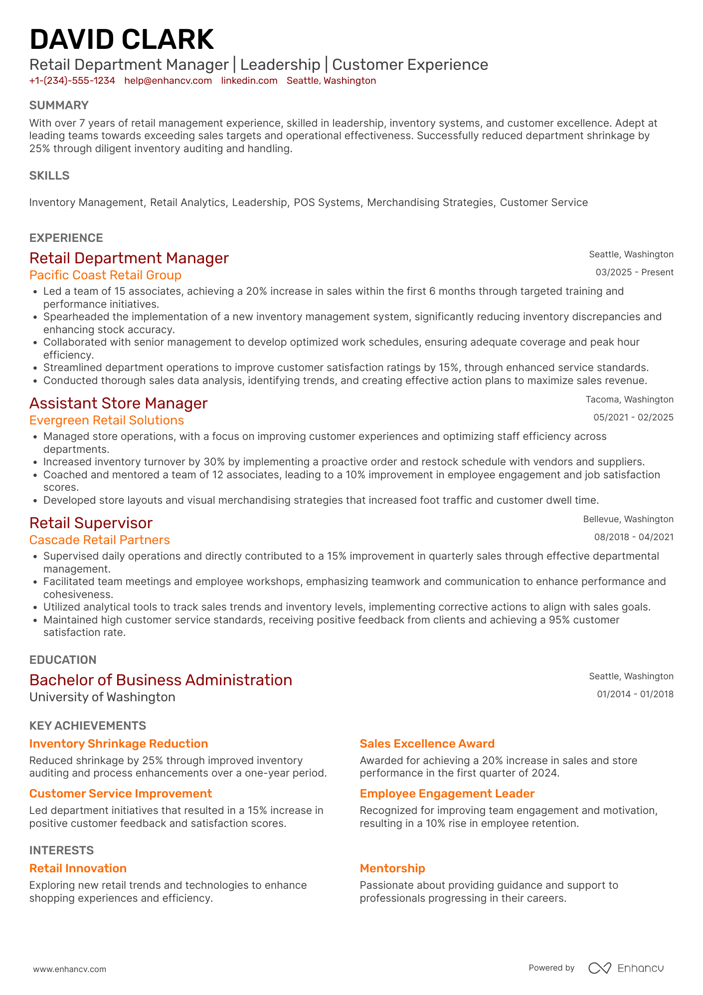 A resume example of a Walmart Department Manager