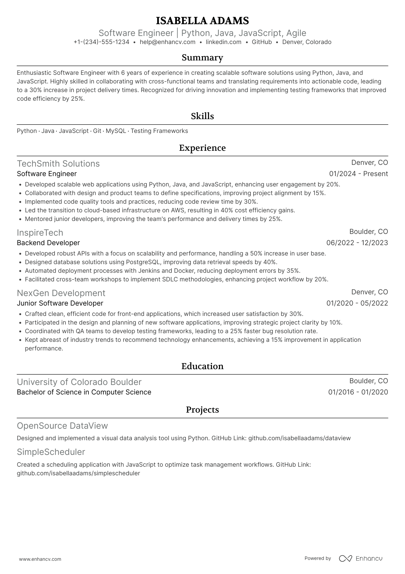 A resume example of a Mid Level Computer Science Professional