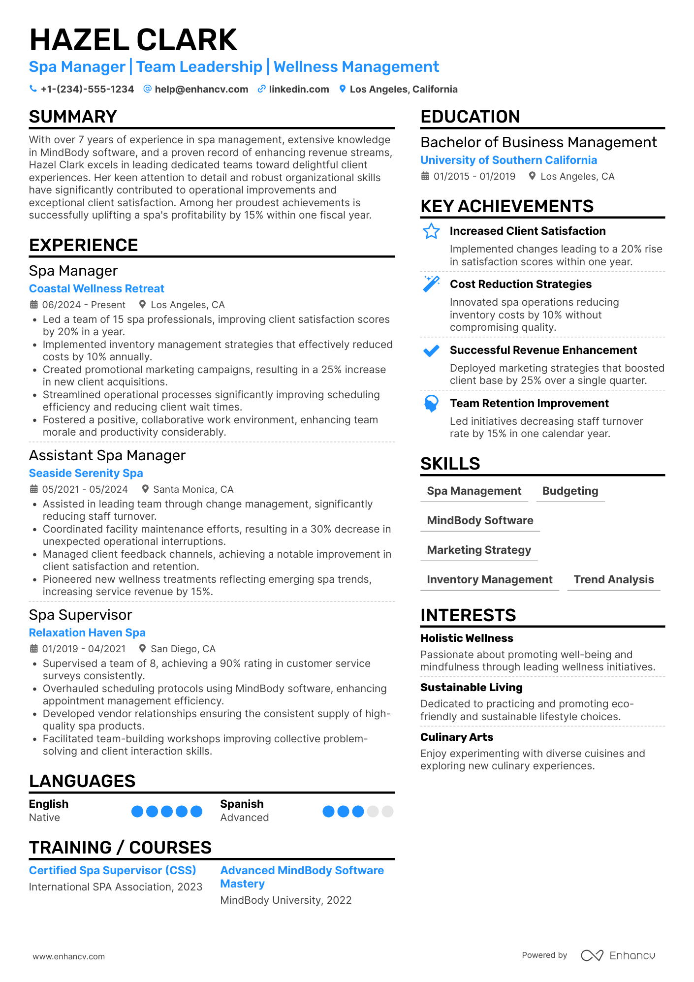 A resume example of a Lead Spa Manager