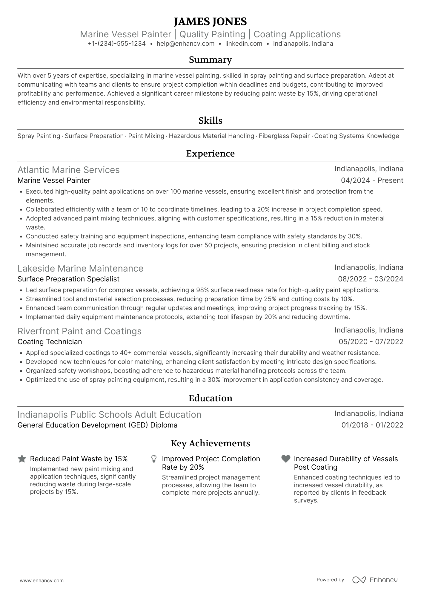 A resume example of a Marine Vessel Painter