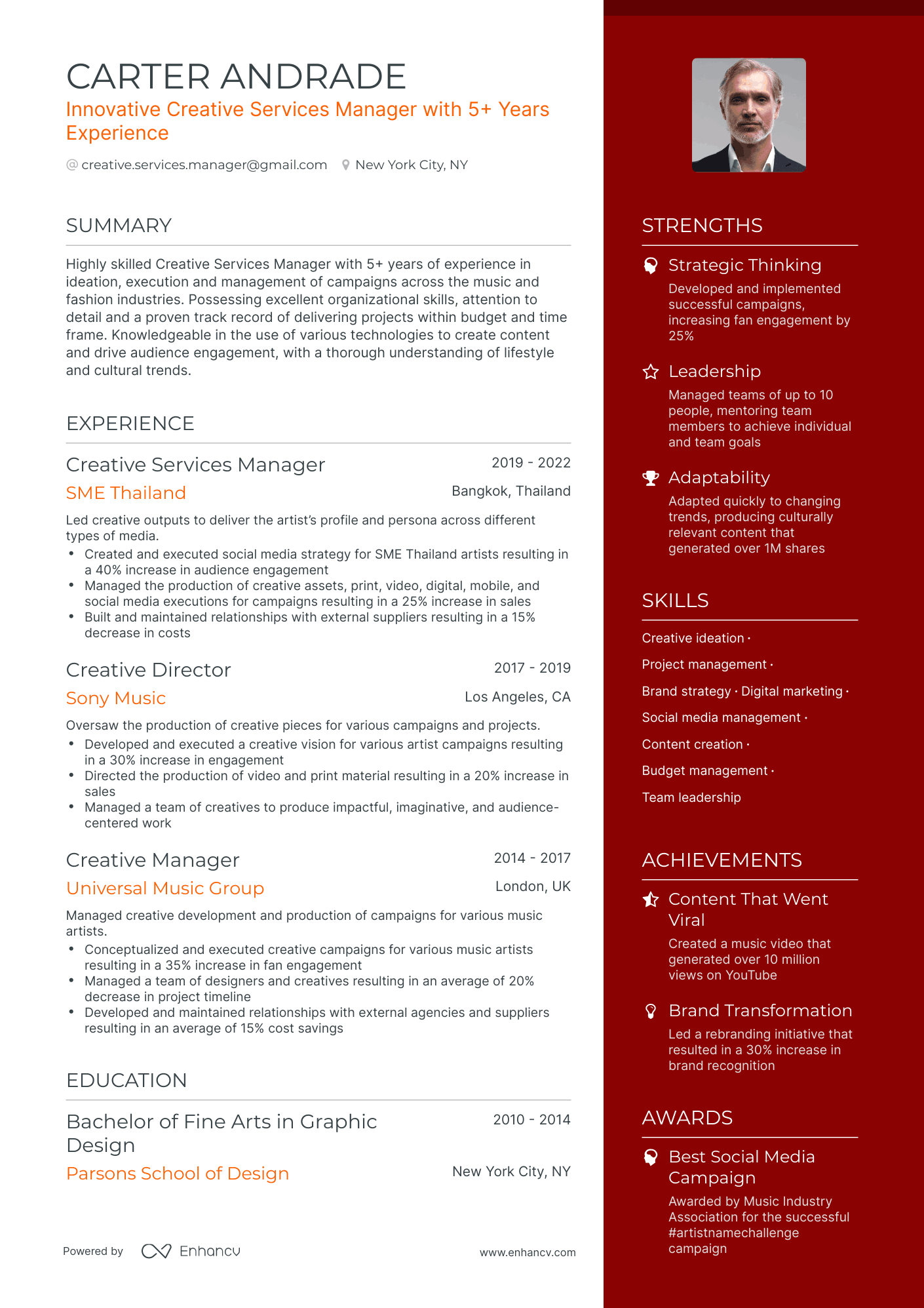 One Page Creative Services Manager Resume Template