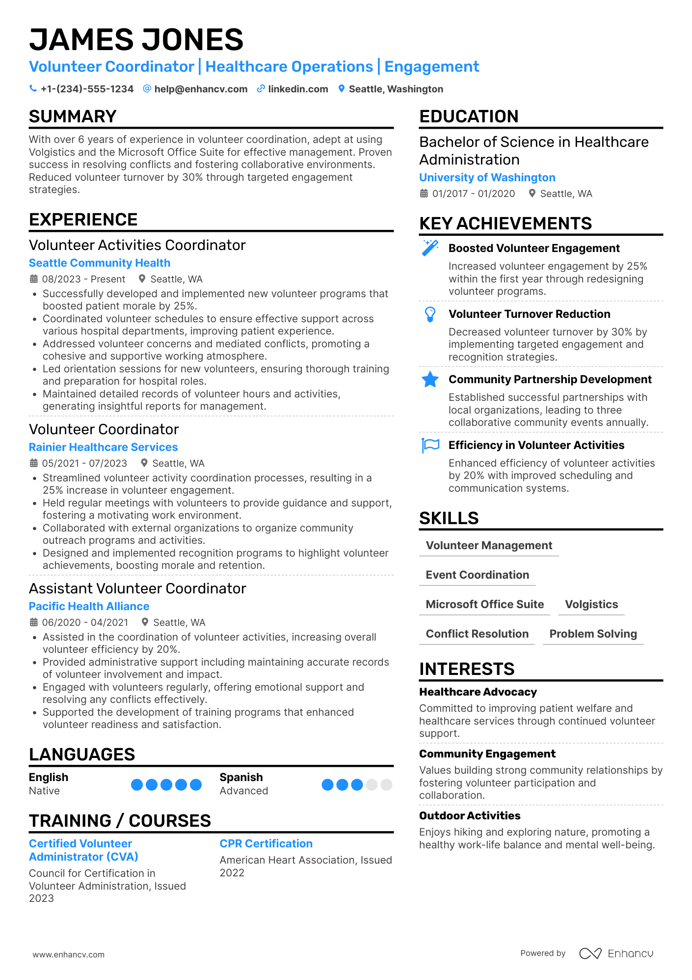A resume example of a Hospital Volunteer Activities Coordinator