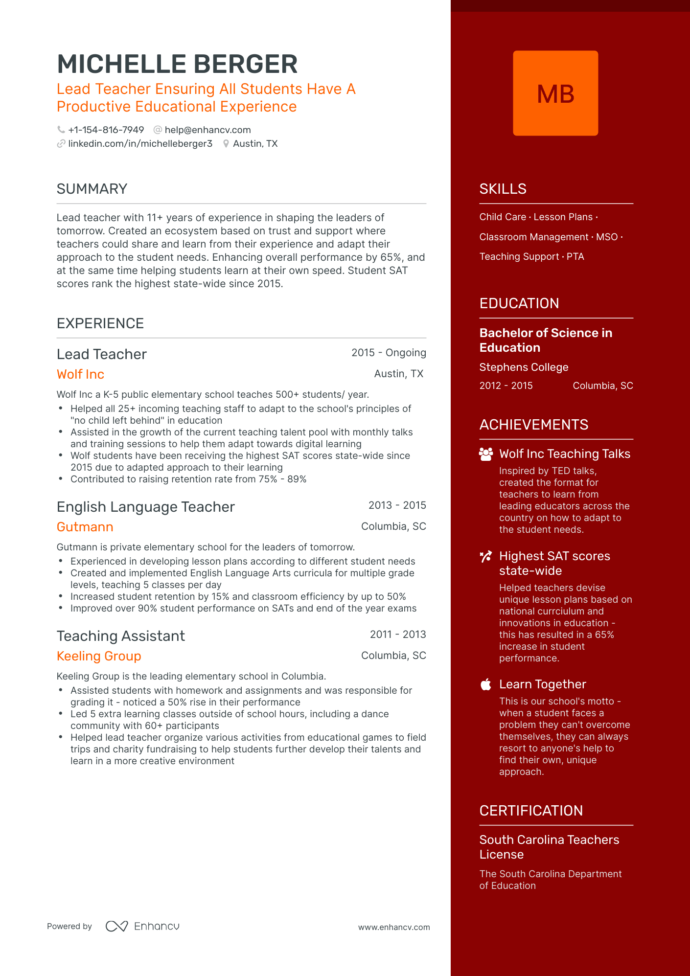 One Page Lead Teacher Resume Template