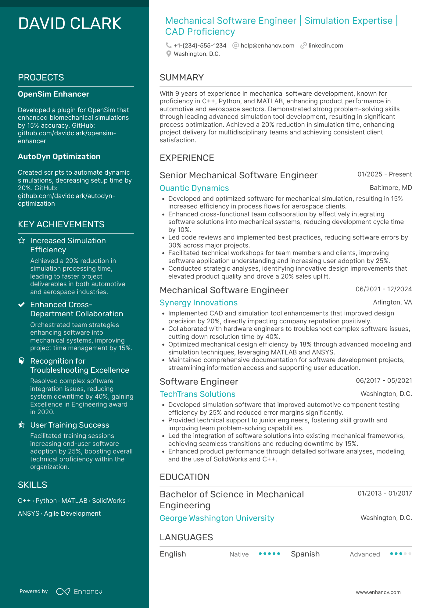 A resume example of a Mechanical Software Engineer