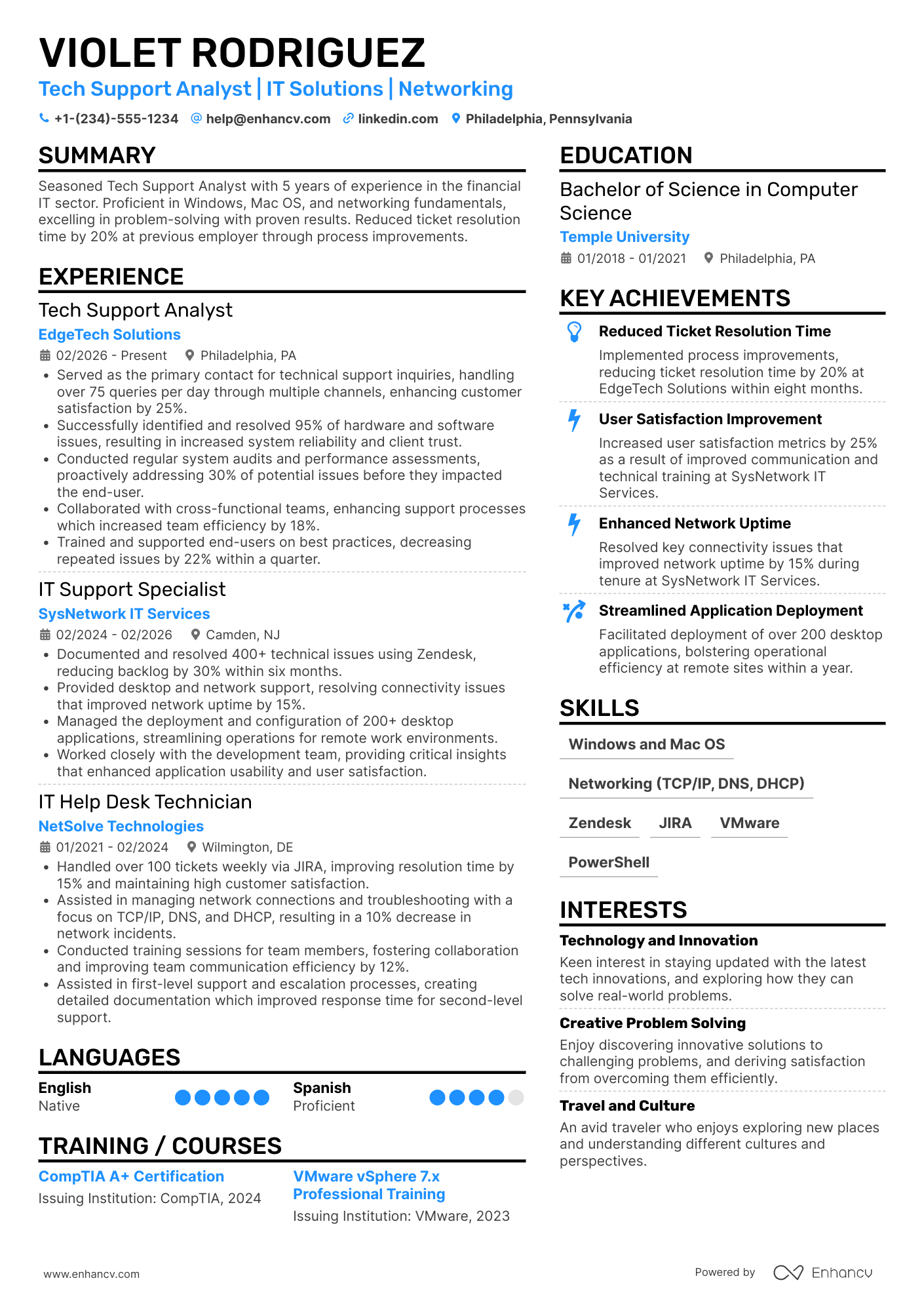 A resume example of a Tech Support Analyst