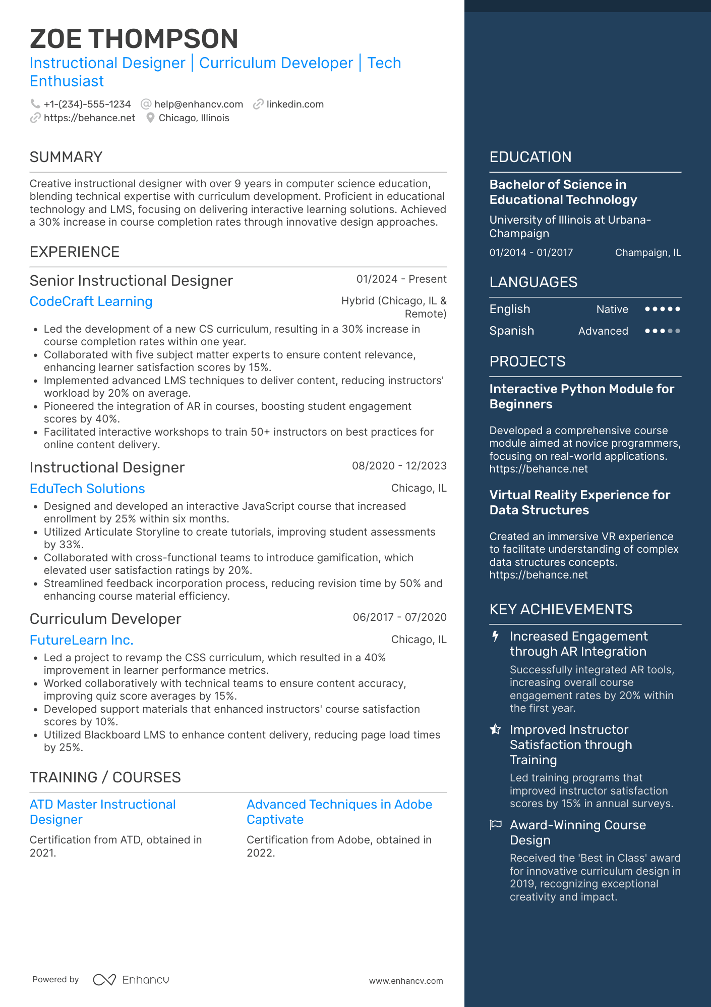 A resume example of a Computer Science Instructional Designer