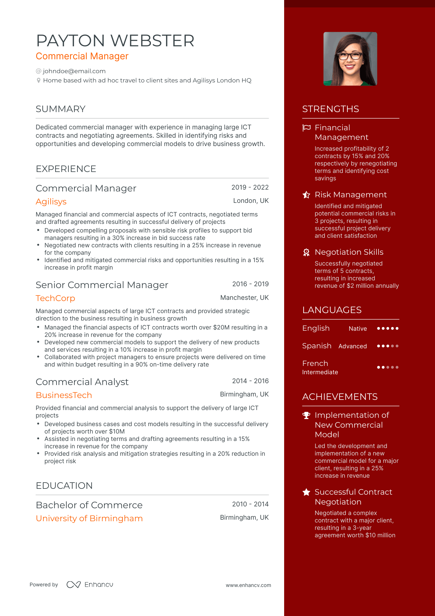 One Page Commercial Manager Resume Template