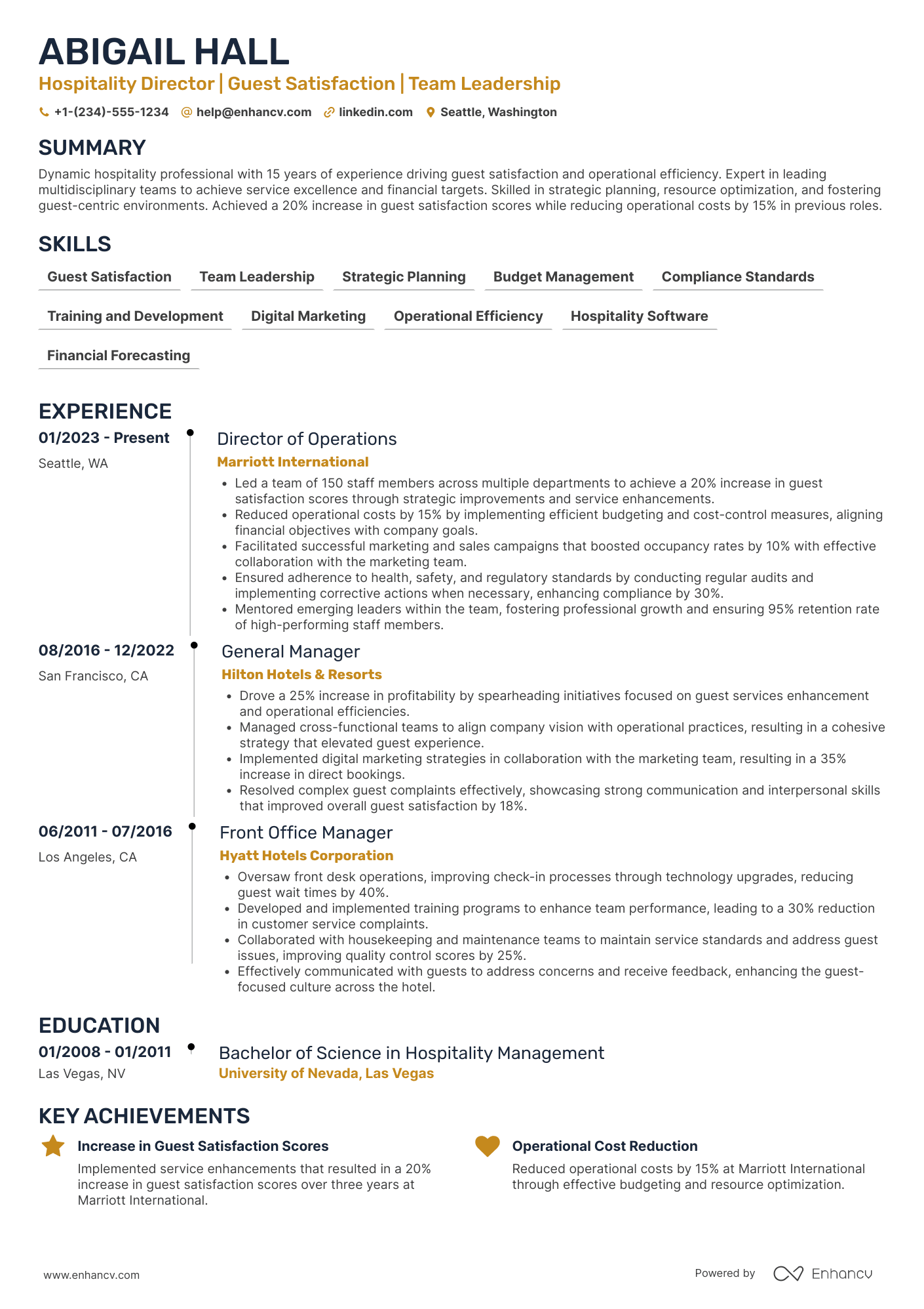 A resume example of a Hospitality Director